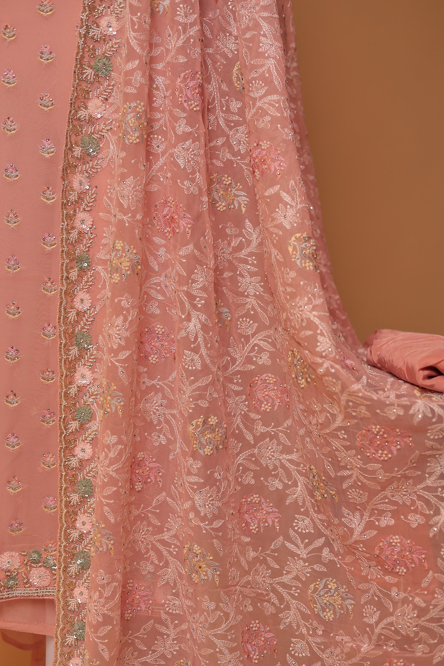 Georgette Unstitched Suit with Pearl, Sequins and Thread work