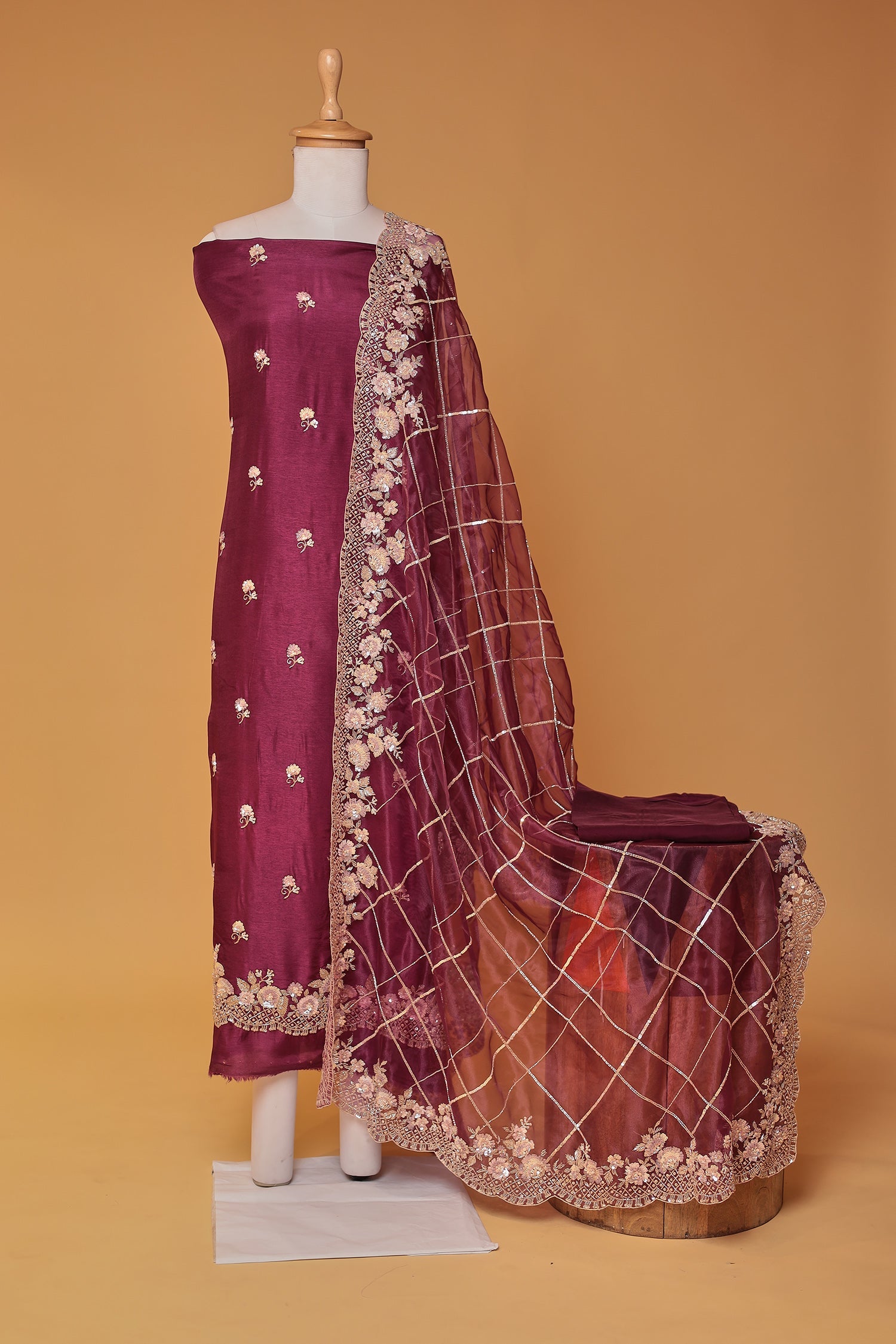 Silk Unstitched Suit with Cutdana and Sequins work