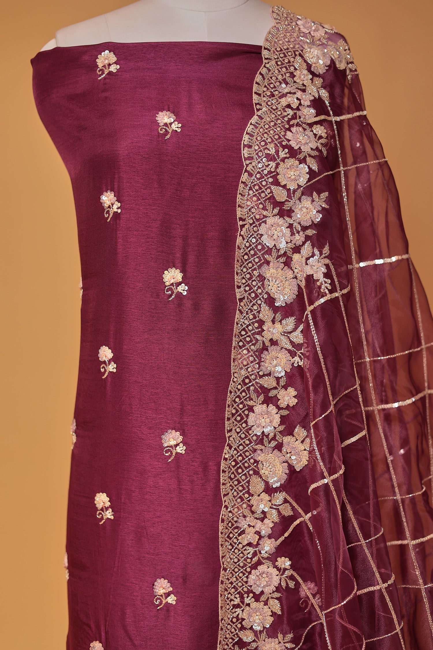 Silk Unstitched Suit with Cutdana and Sequins work