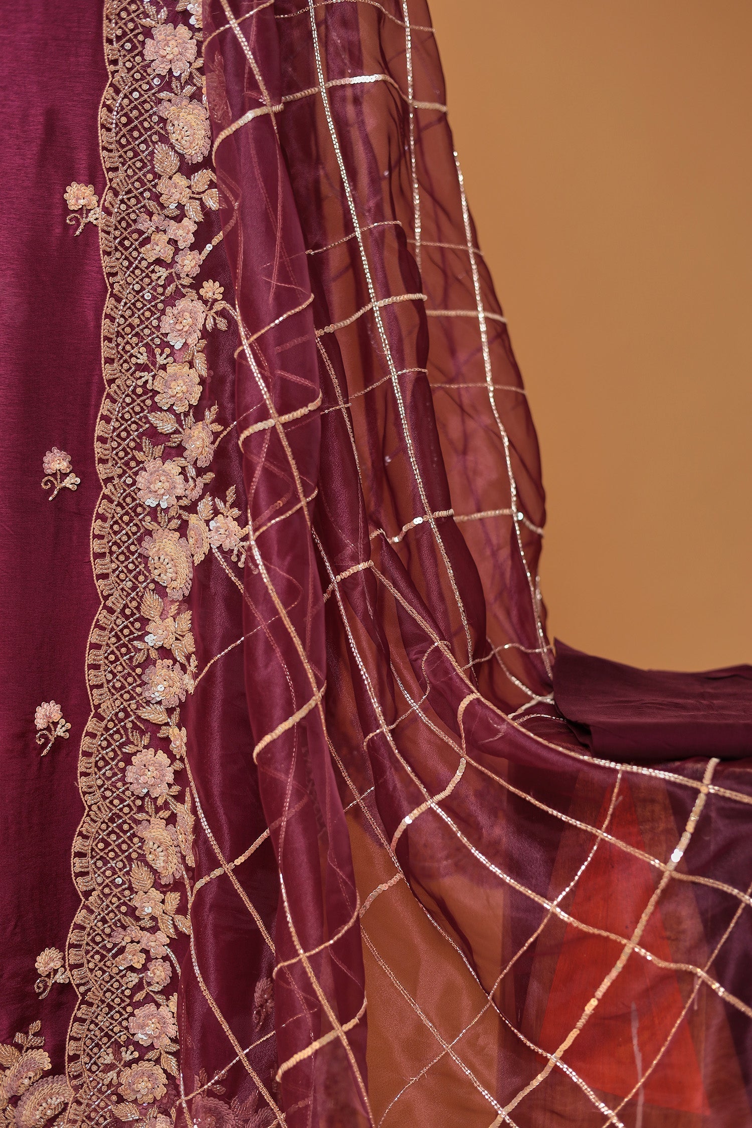 Silk Unstitched Suit with Cutdana and Sequins work