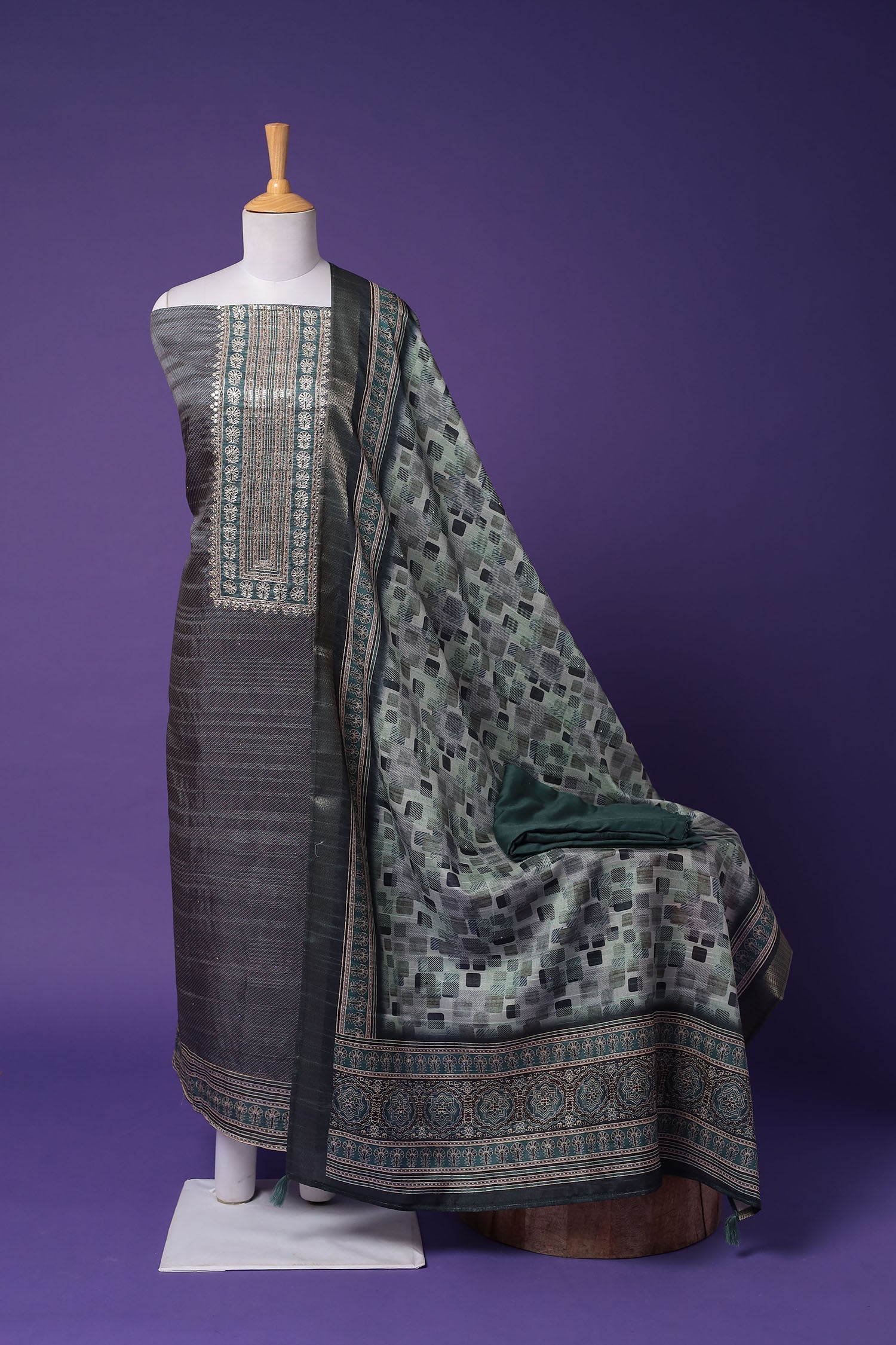 Printed Silk Unstitched Suit with Aari work