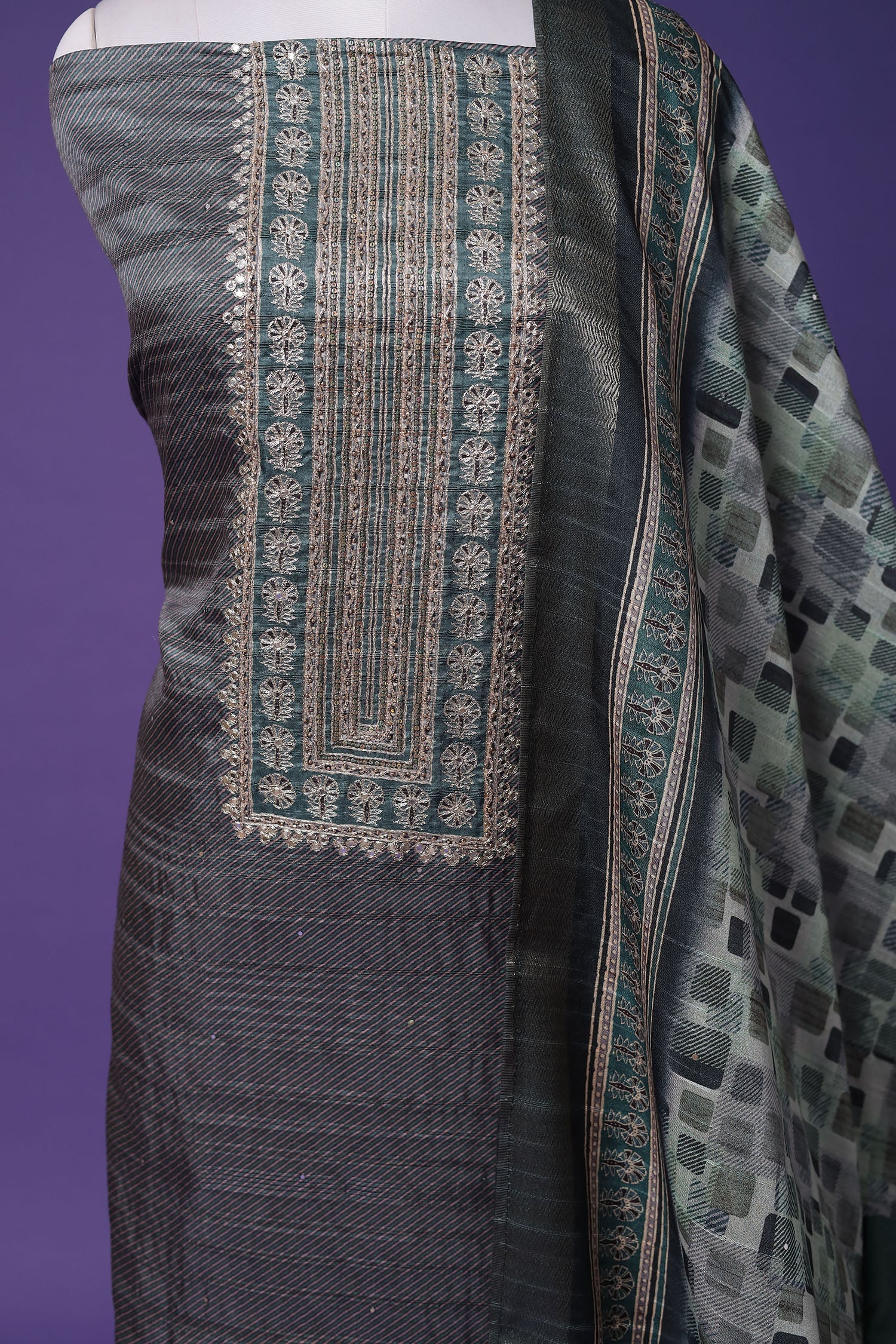 Printed Silk Unstitched Suit with Aari work