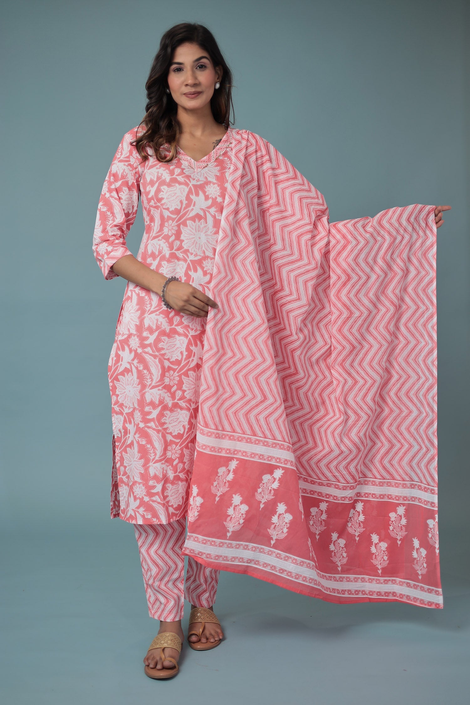 Floral Print Cotton Kurta Set Stitched