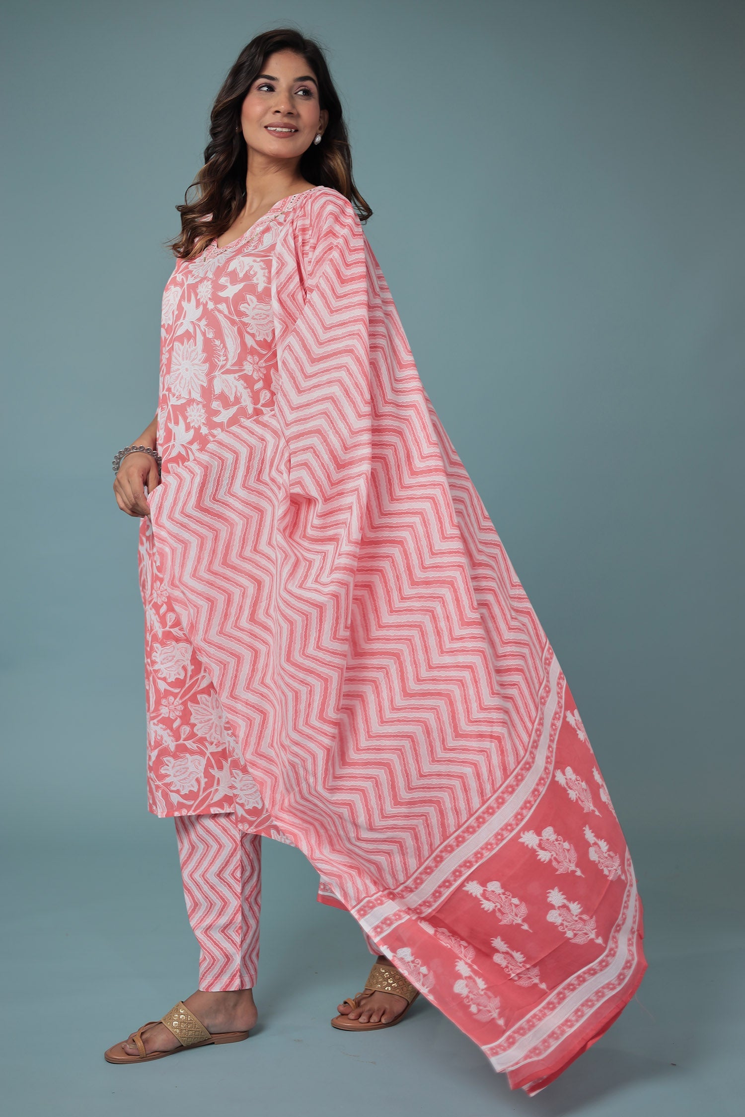 Floral Print Cotton Kurta Set Stitched