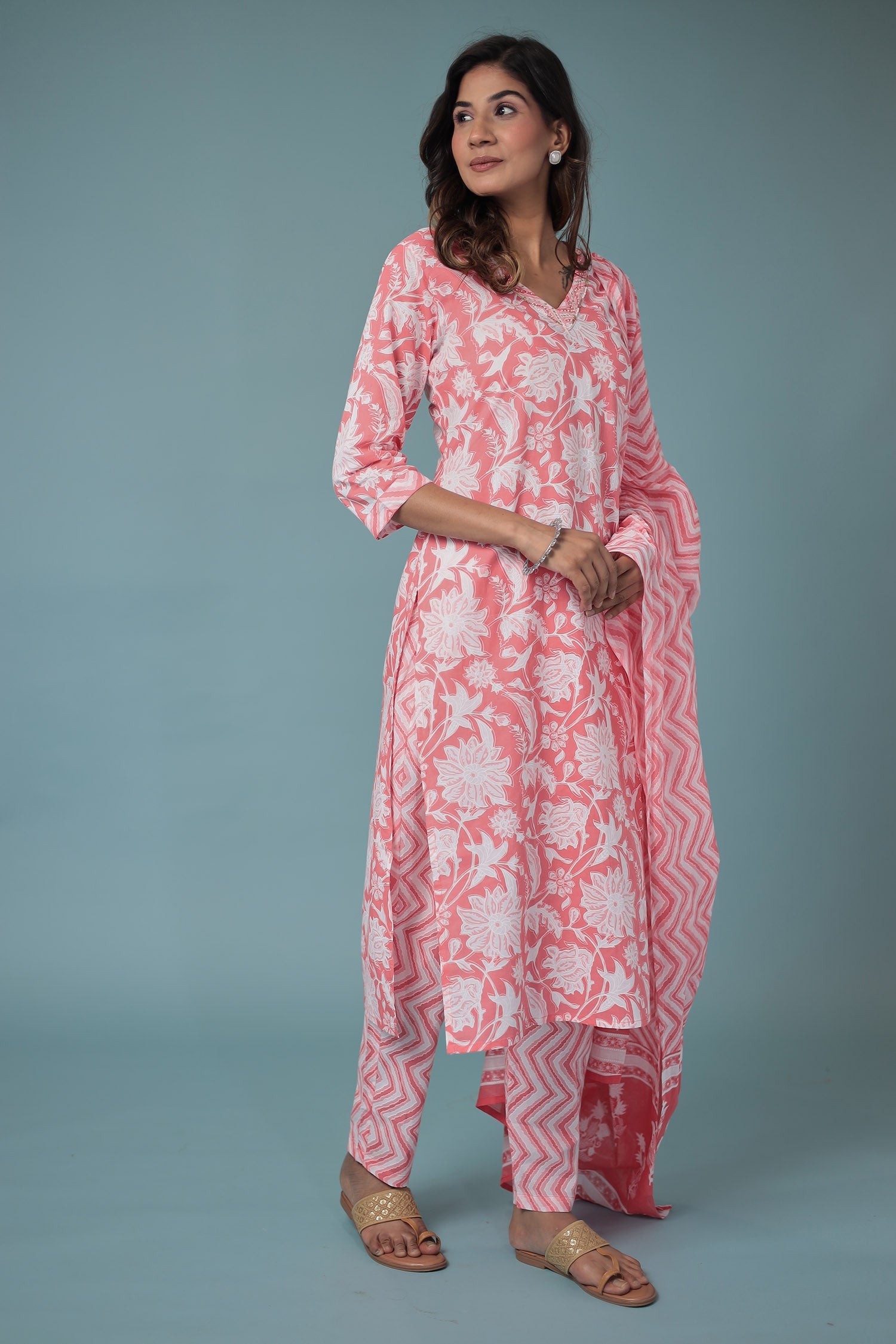 Floral Print Cotton Kurta Set Stitched