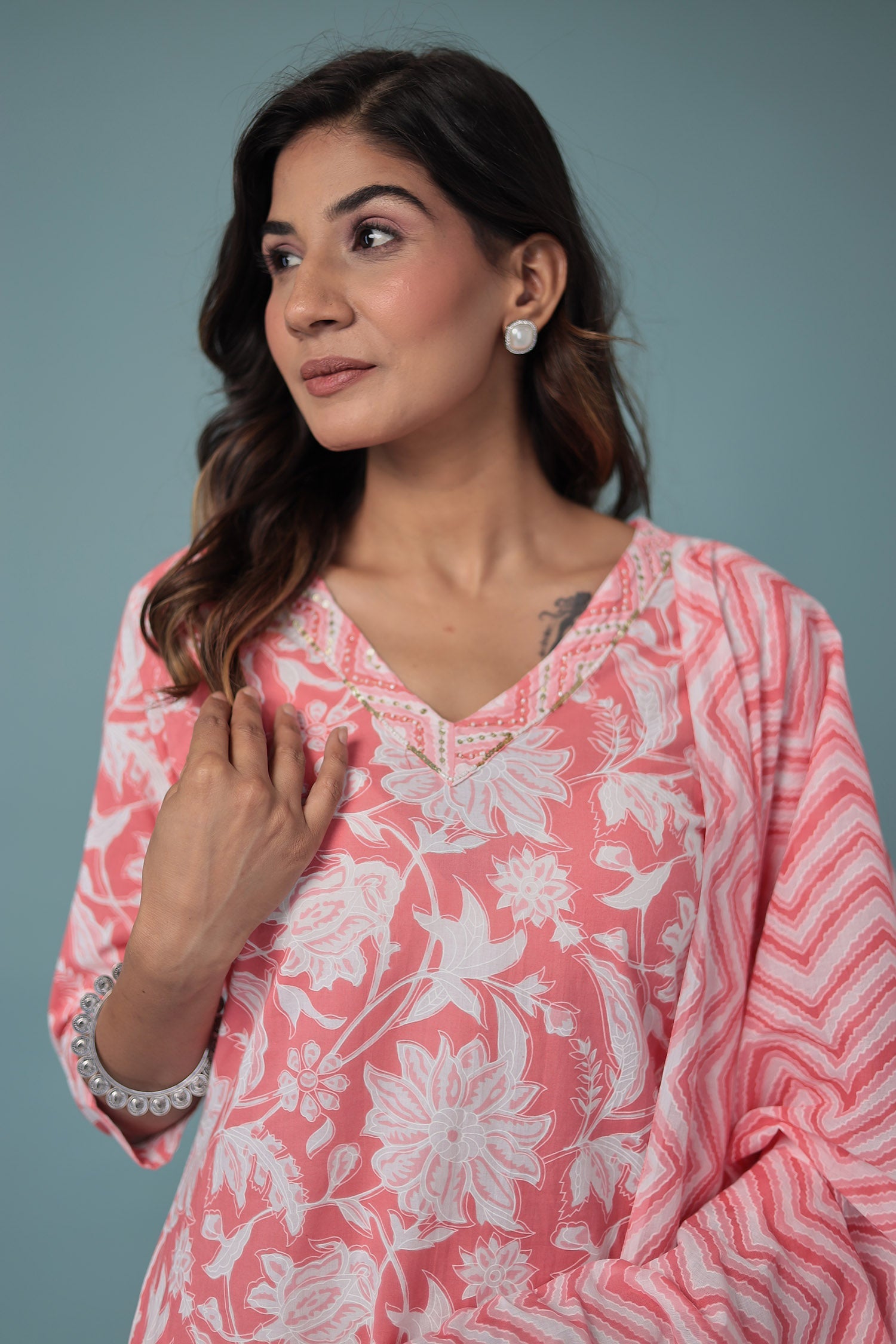 Floral Print Cotton Kurta Set Stitched