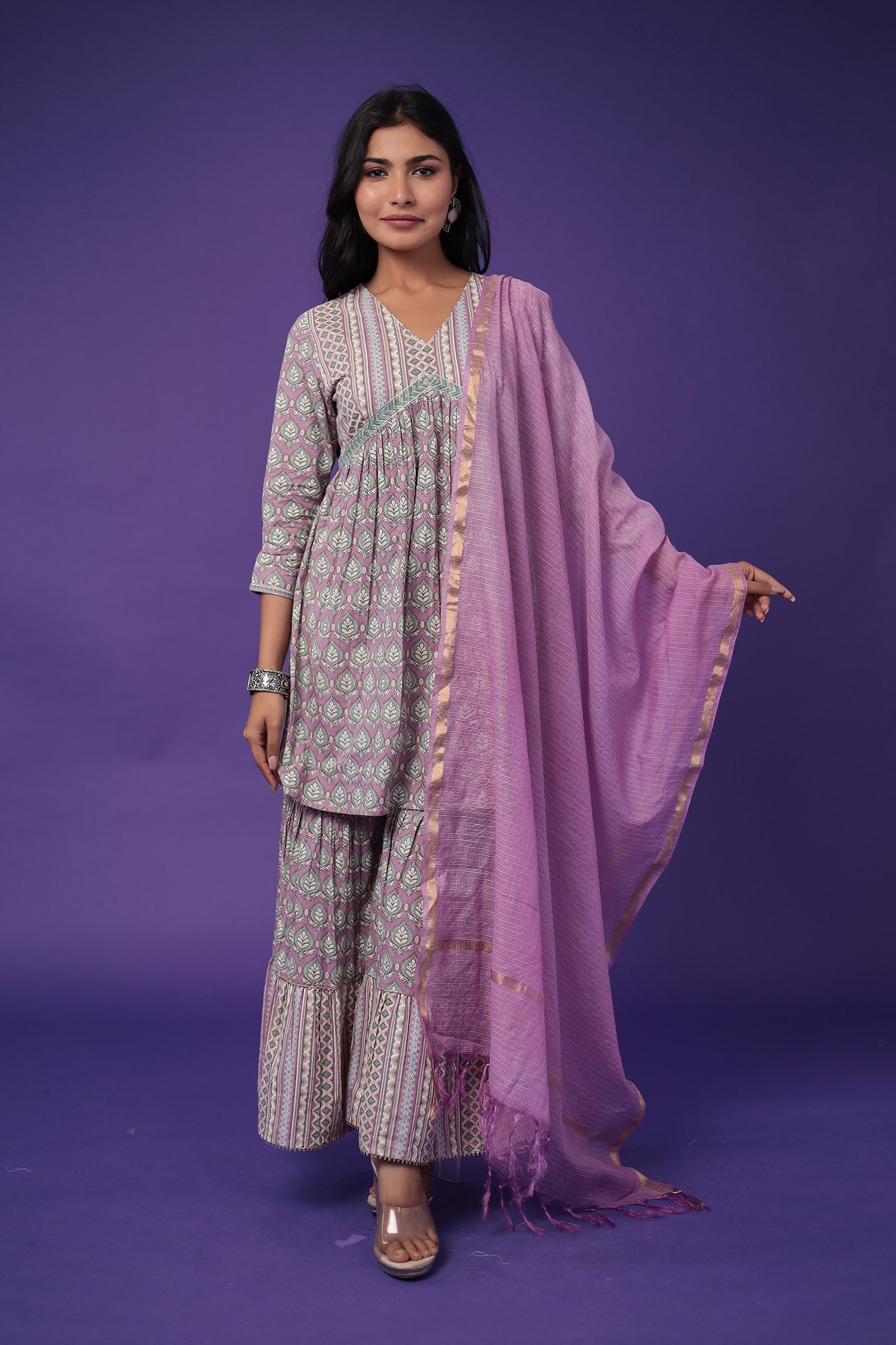 Printed Peplum Cotton Kurta Set Stitched