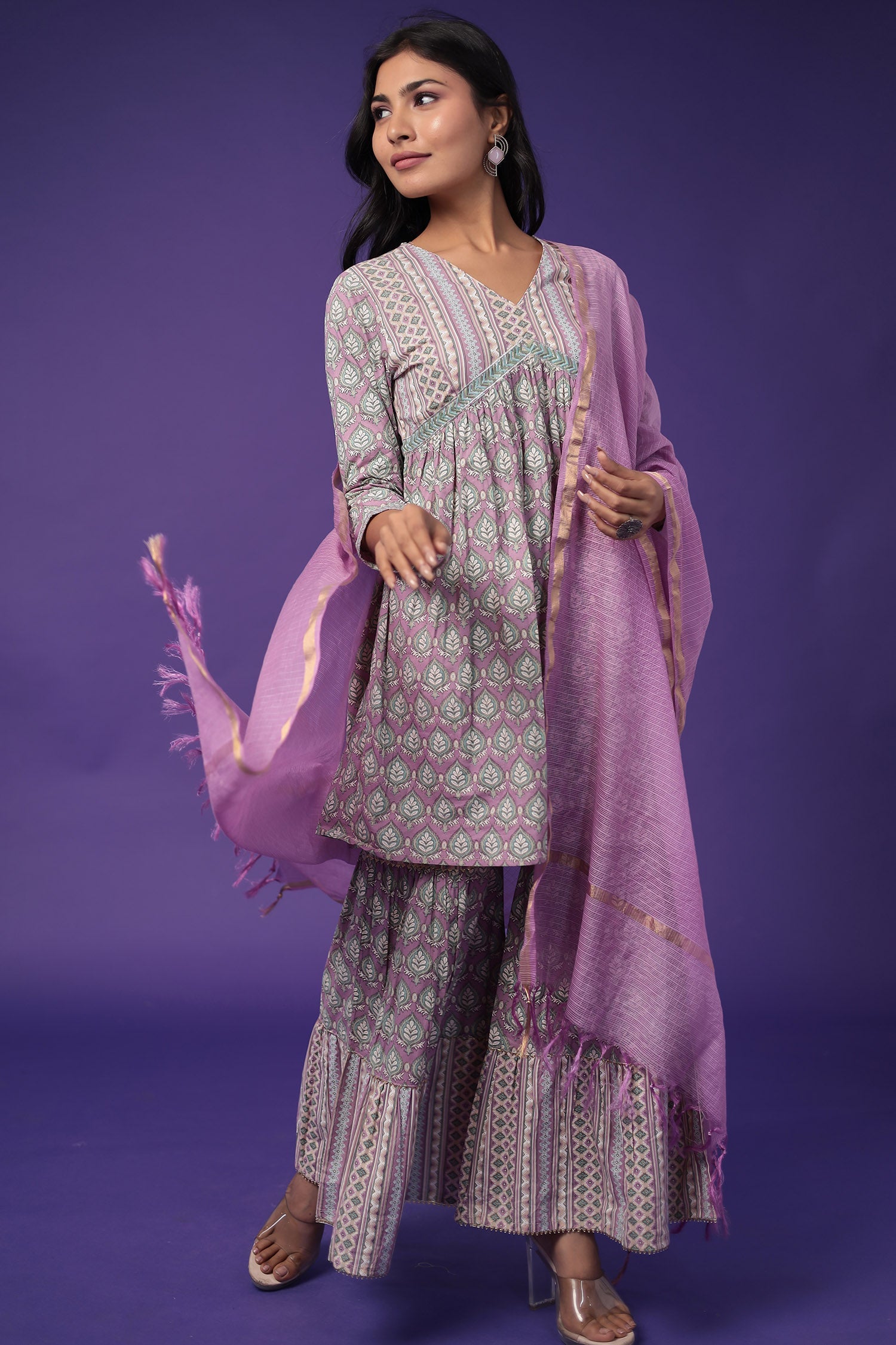 Printed Peplum Cotton Kurta Set Stitched