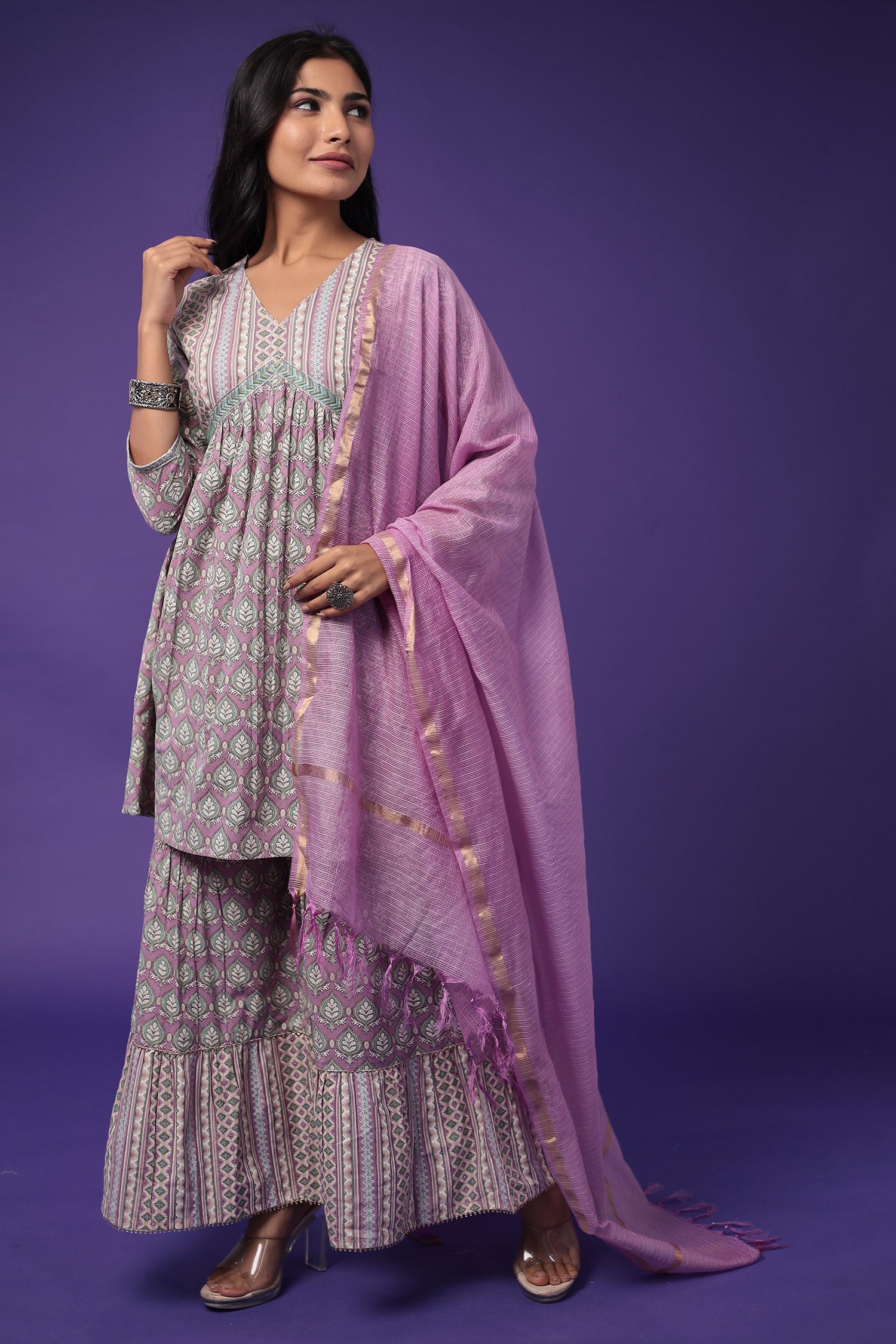 Printed Peplum Cotton Kurta Set Stitched