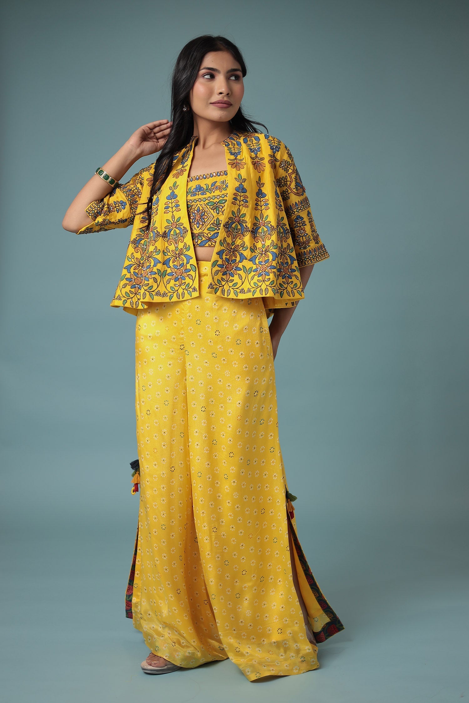 Printed Chinon Indowestern with Embroidered work