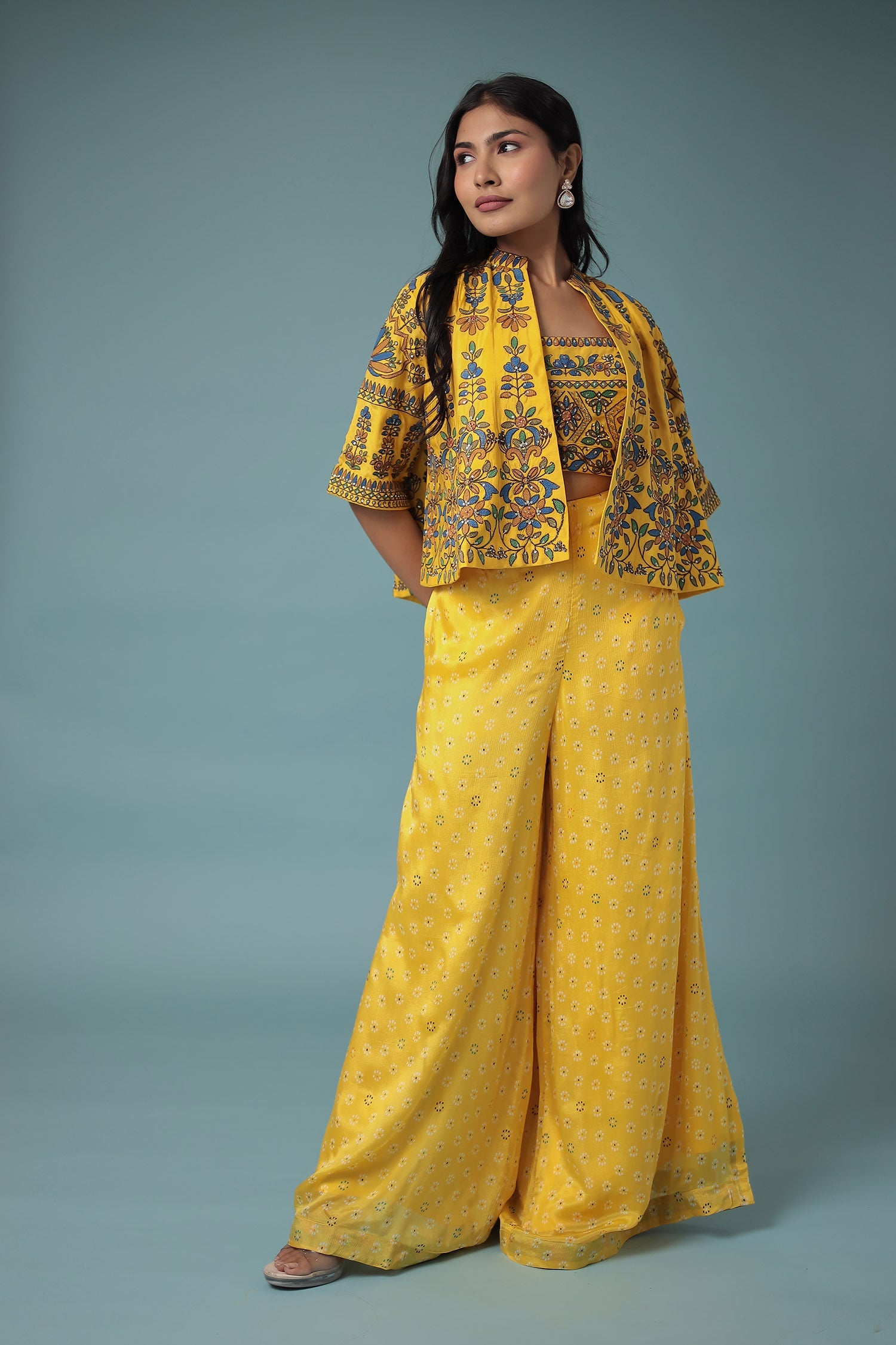 Printed Chinon Indowestern with Embroidered work