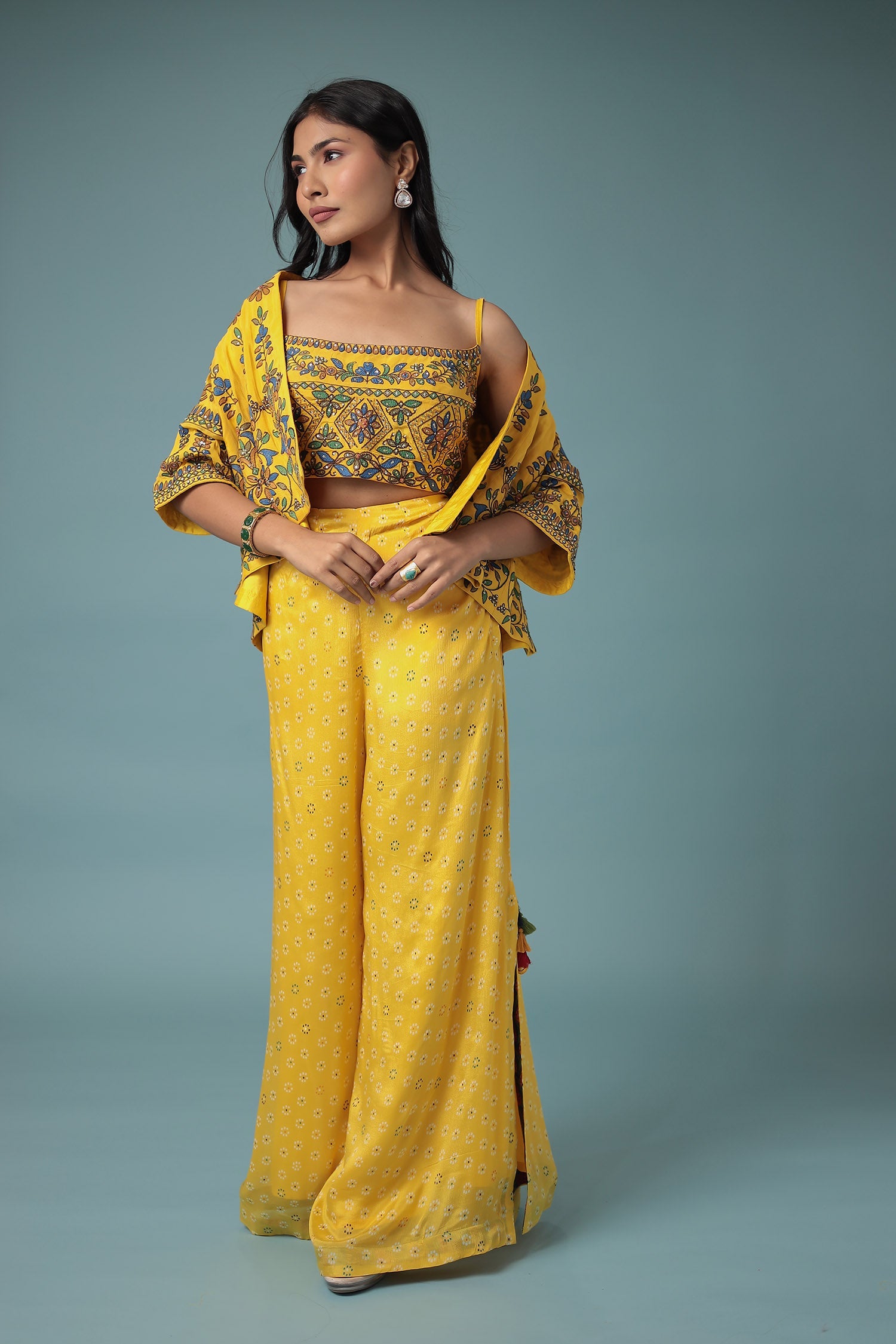 Printed Chinon Indowestern with Embroidered work