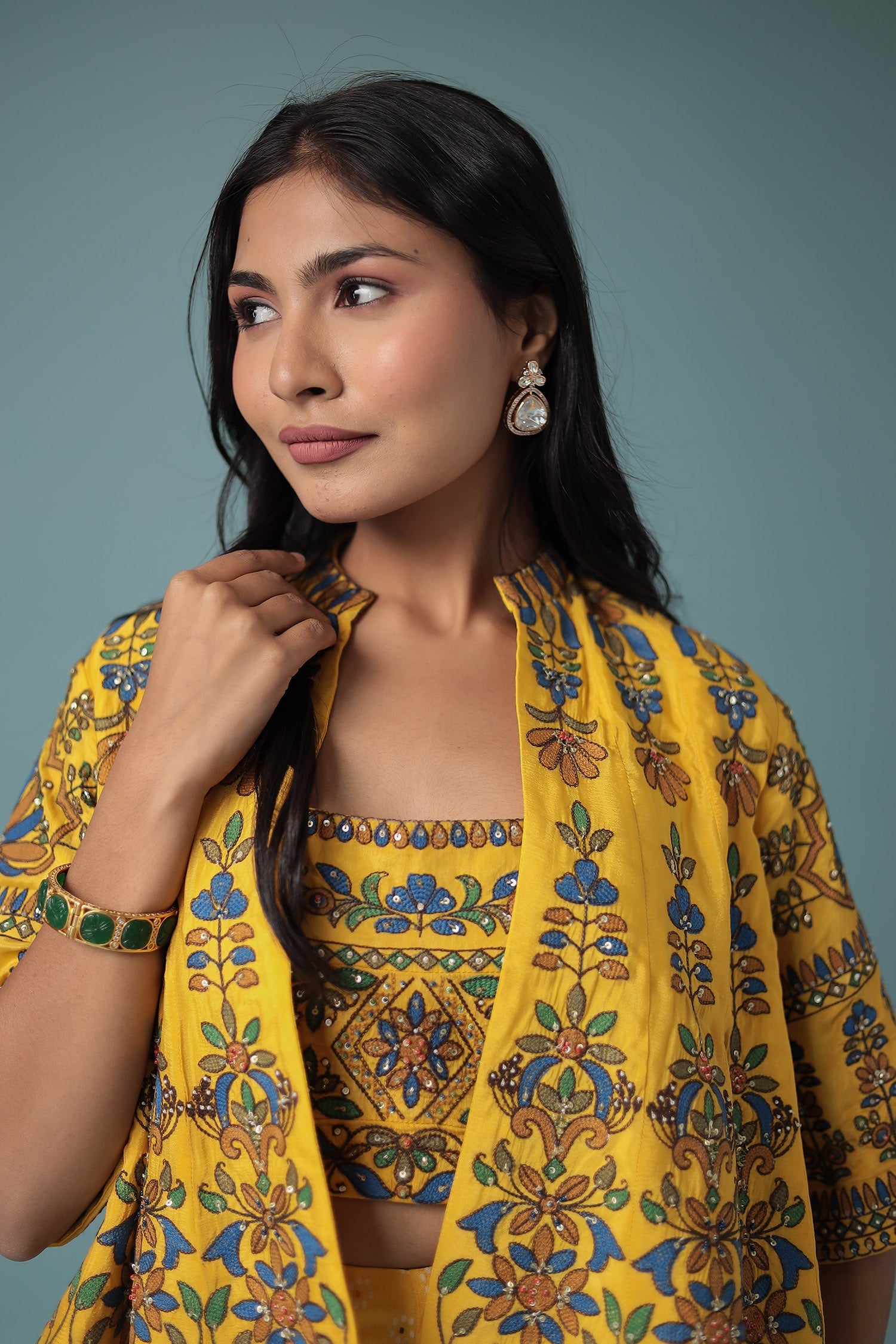 Printed Chinon Indowestern with Embroidered work