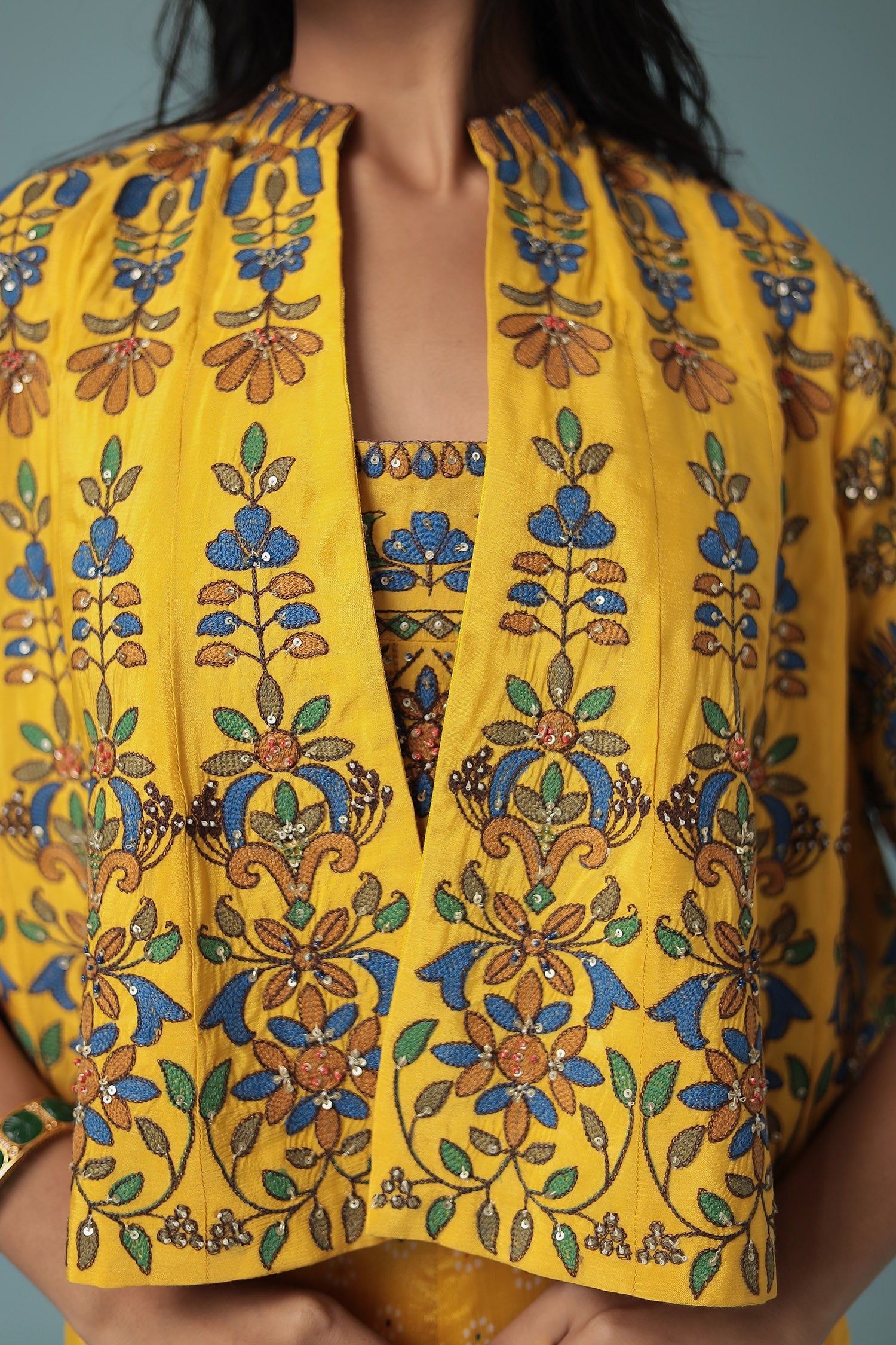 Printed Chinon Indowestern with Embroidered work