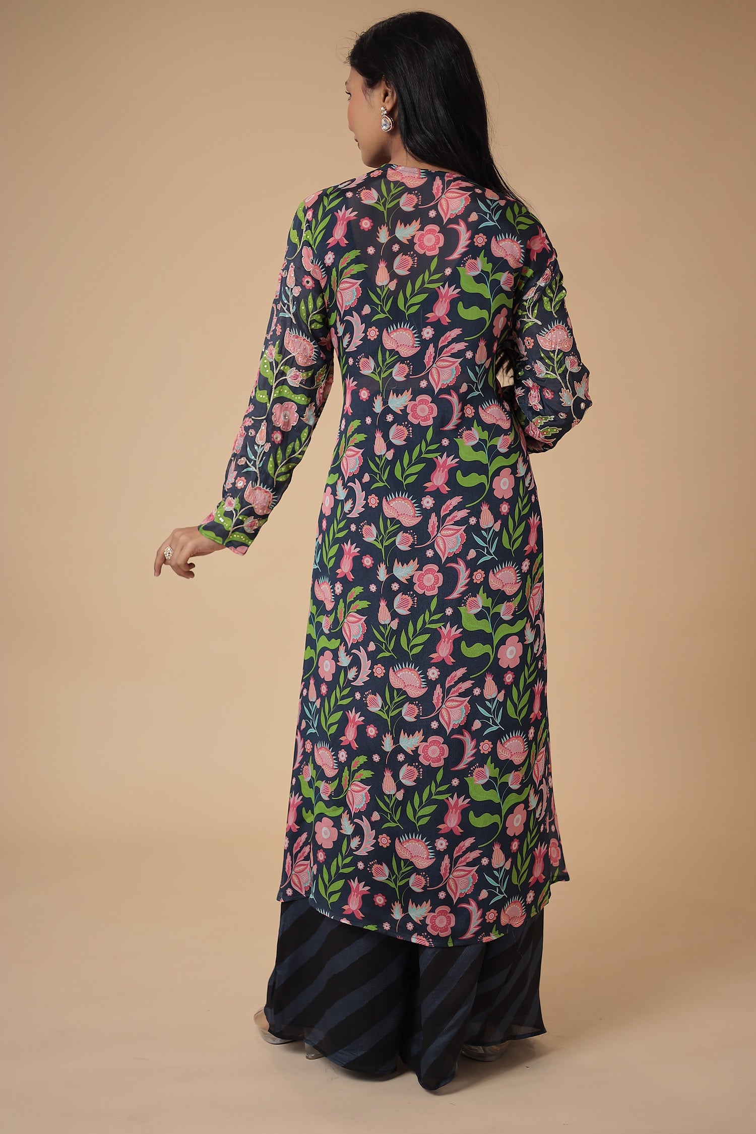 Leheriya Printed Chinon Indowestern with Aari work