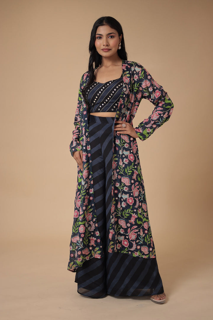 Leheriya Printed Chinon Indowestern with Aari work