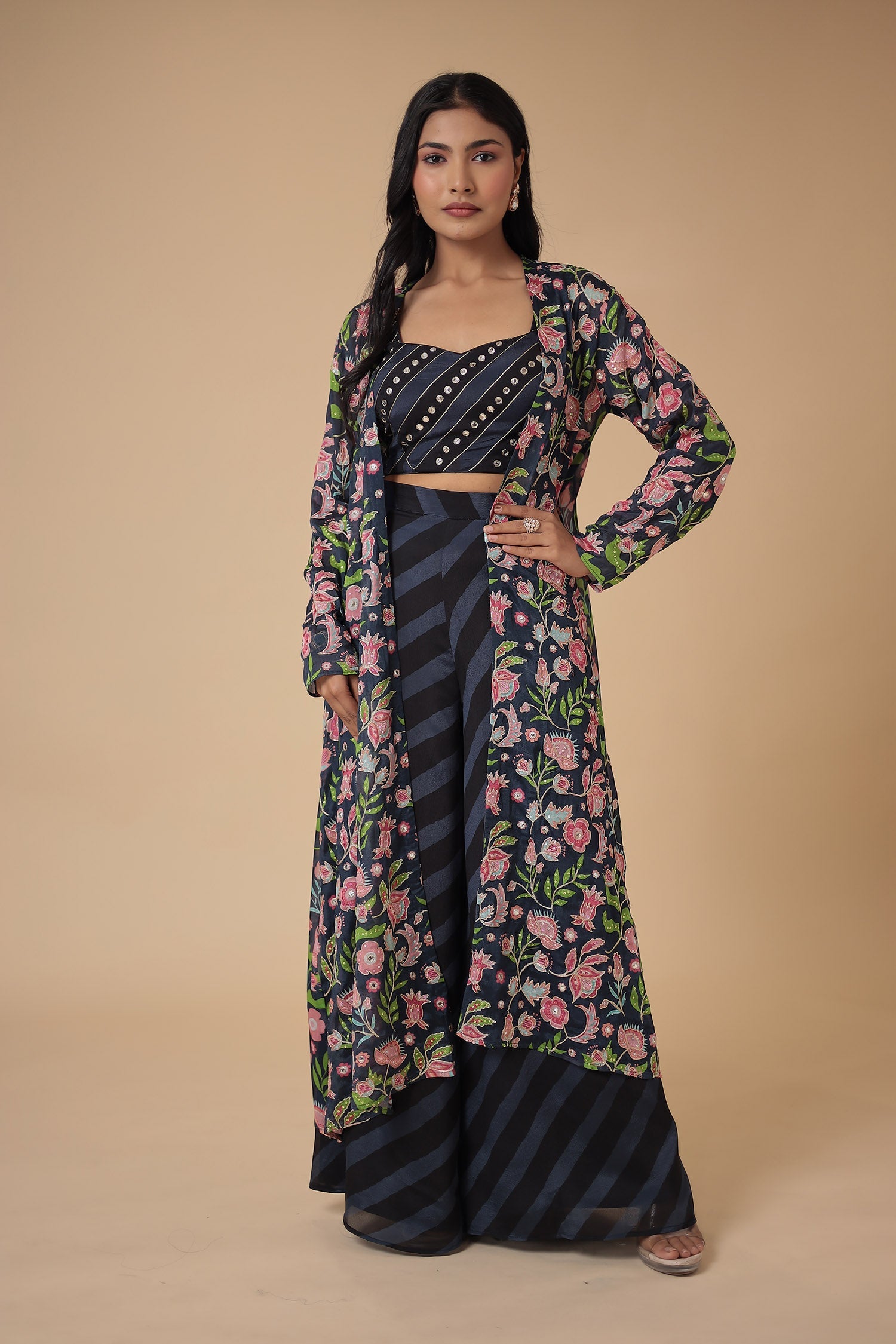 Leheriya Printed Chinon Indowestern with Aari work