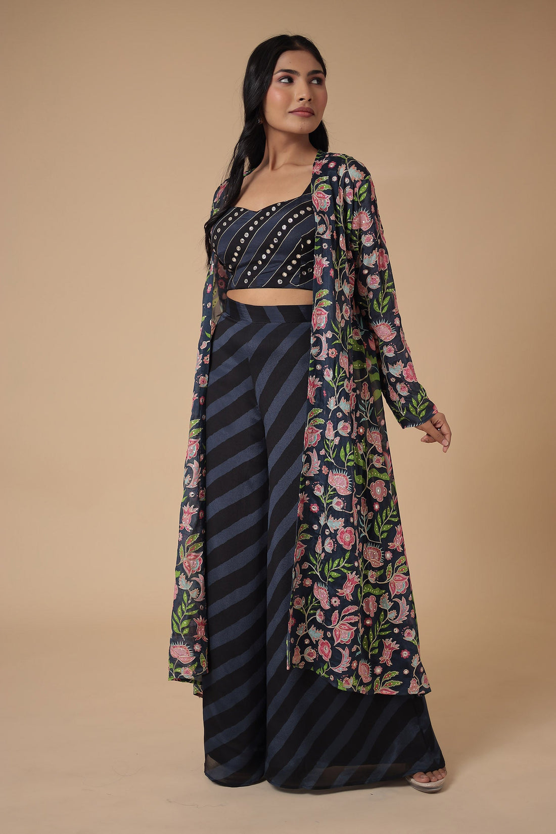 Leheriya Printed Chinon Indowestern with Aari work