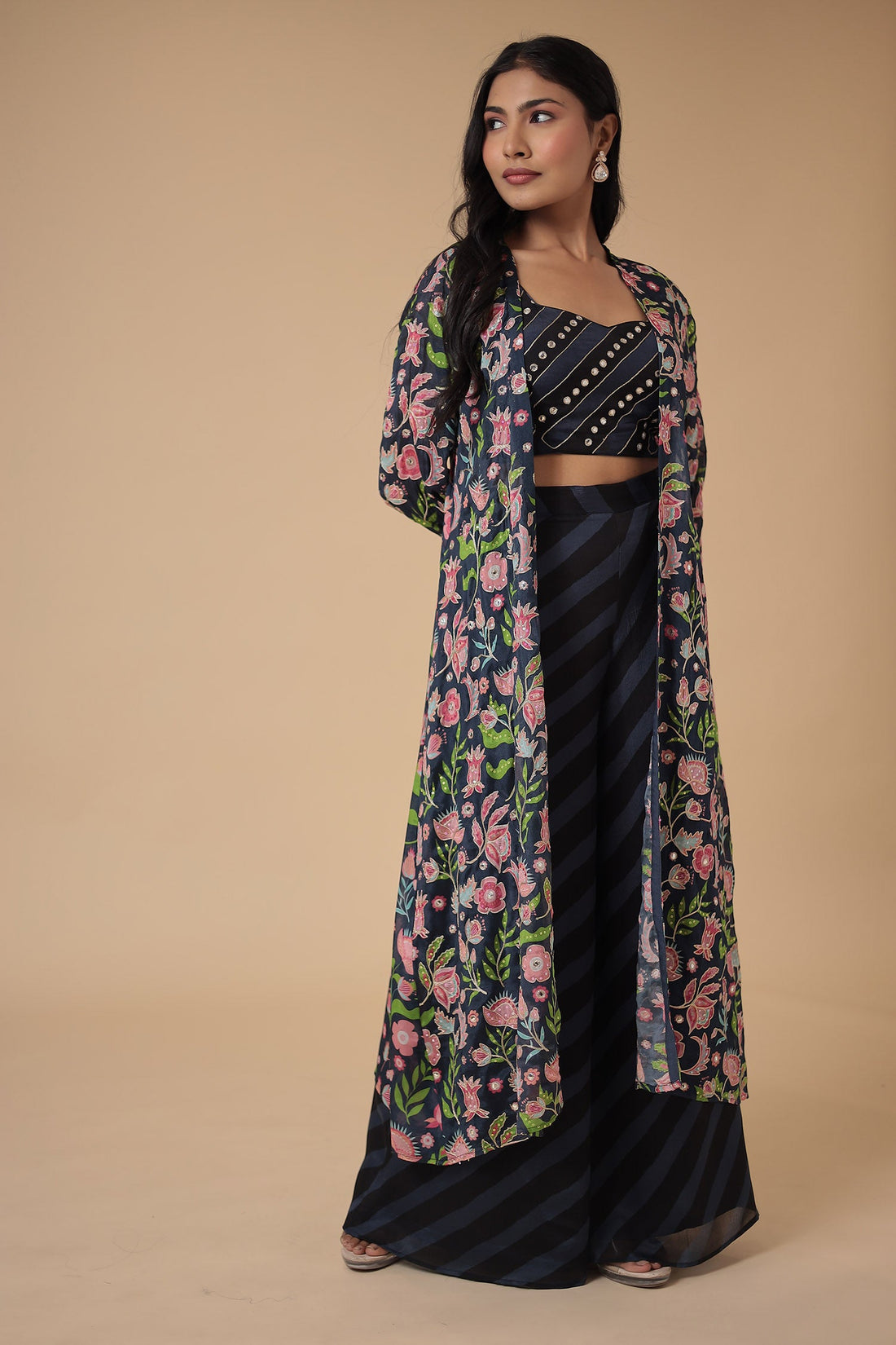 Leheriya Printed Chinon Indowestern with Aari work