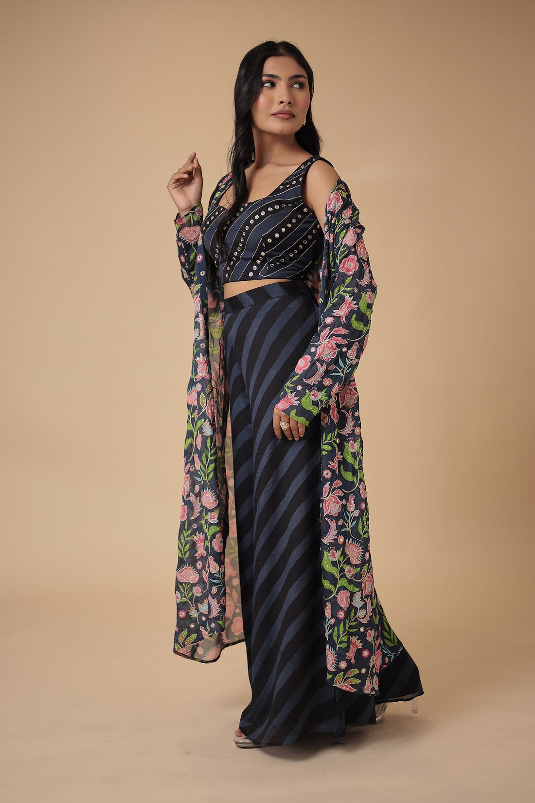 Leheriya Printed Chinon Indowestern with Aari work