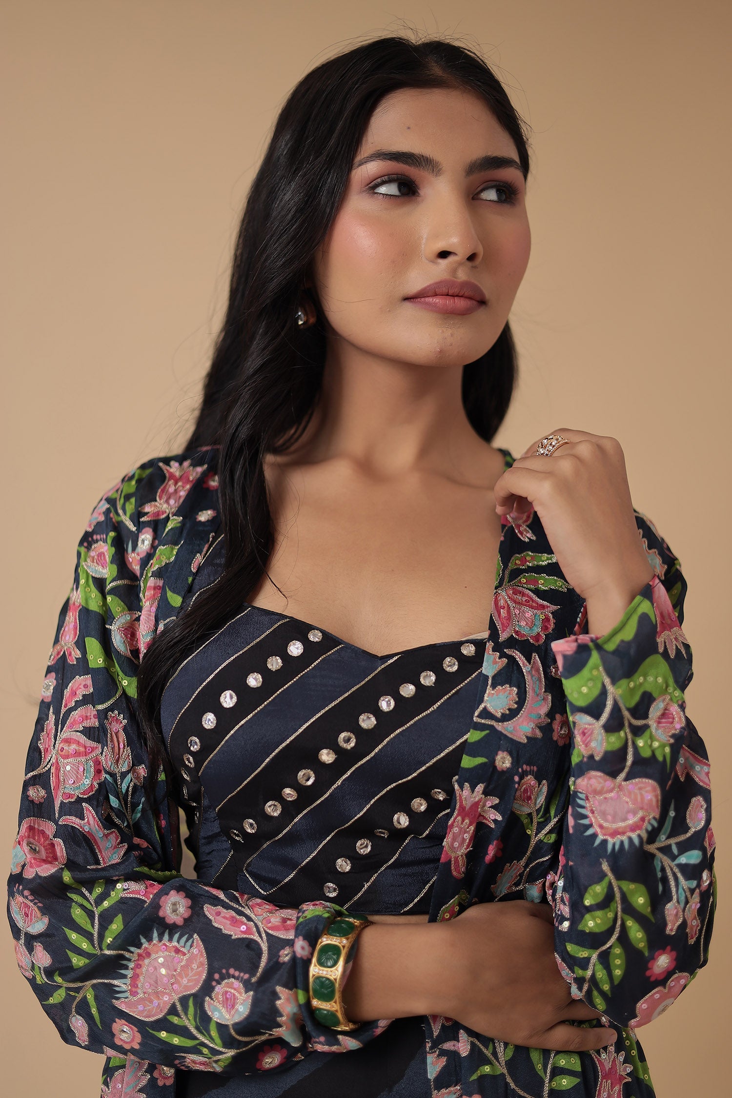 Leheriya Printed Chinon Indowestern with Aari work