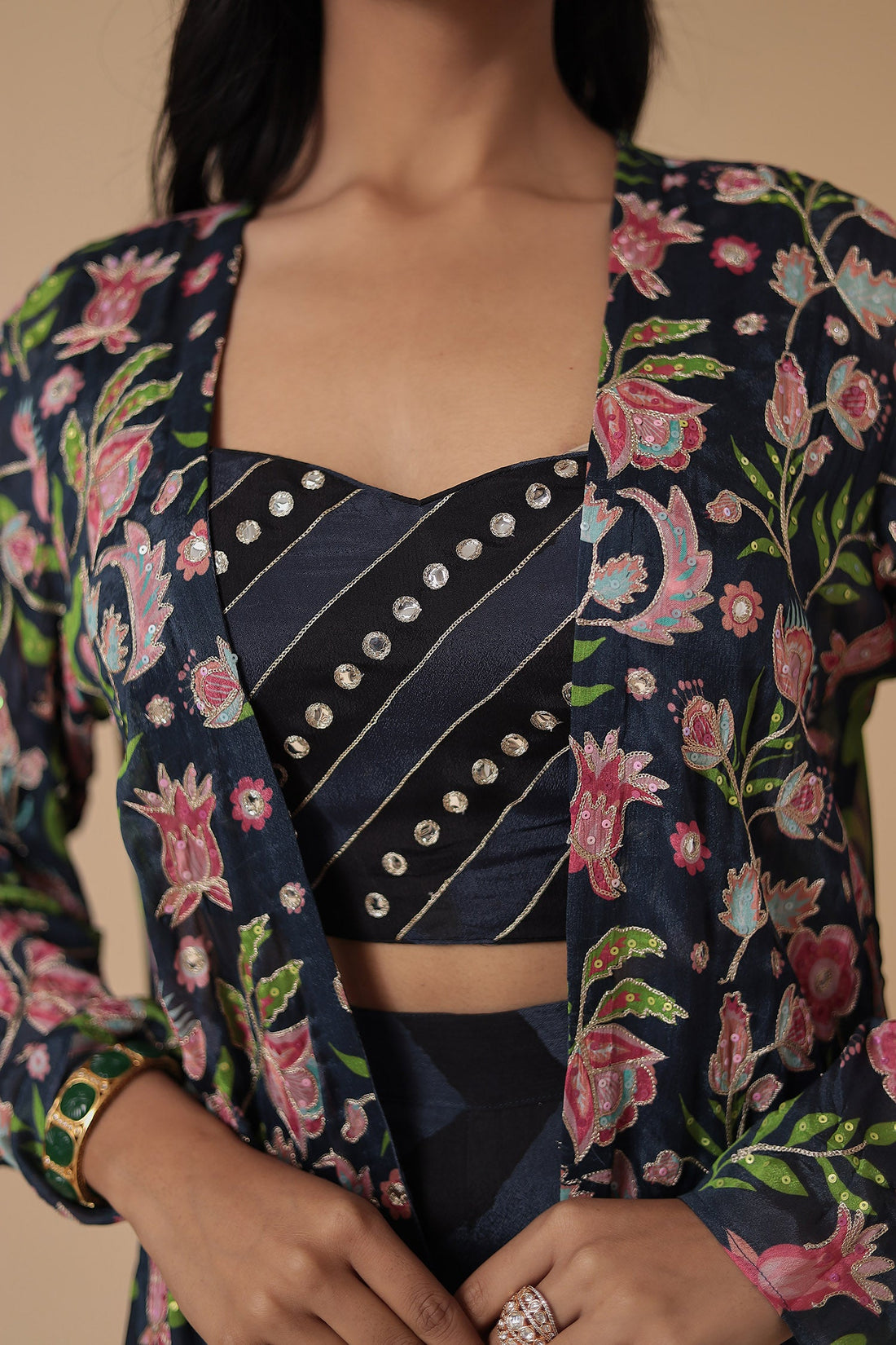 Leheriya Printed Chinon Indowestern with Aari work