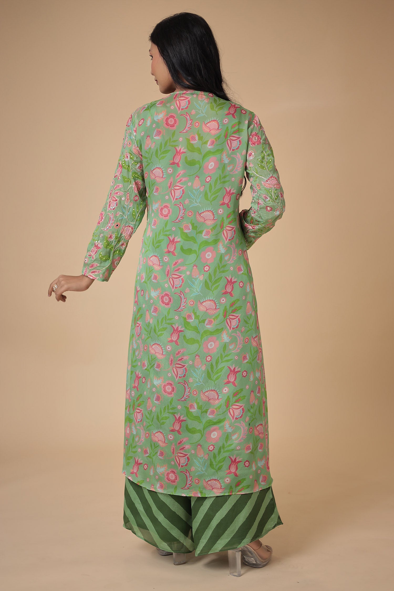 Leheriya Printed Chinon Indowestern with Aari work