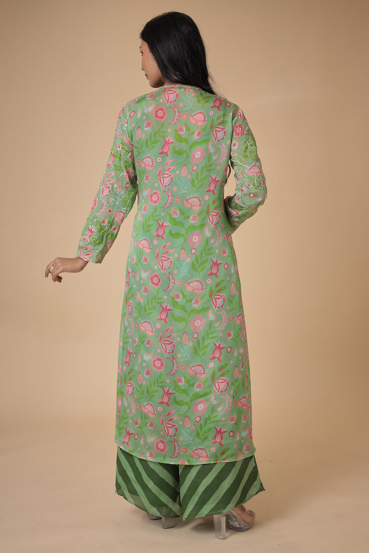 Leheriya Printed Chinon Indowestern with Aari work