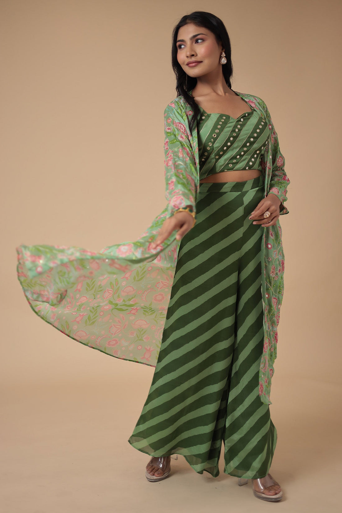 Leheriya Printed Chinon Indowestern with Aari work