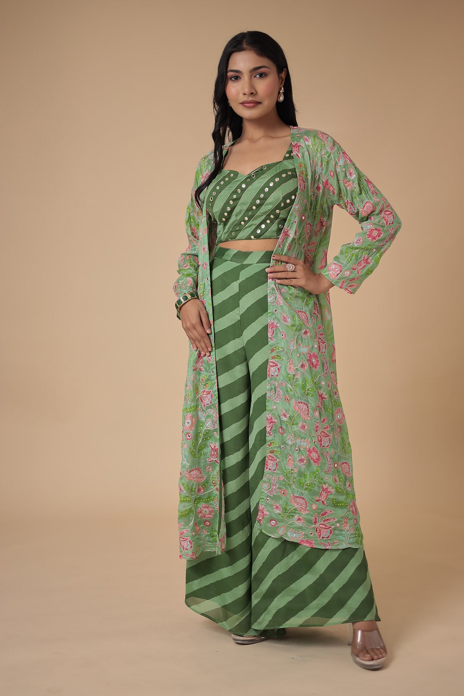 Leheriya Printed Chinon Indowestern with Aari work