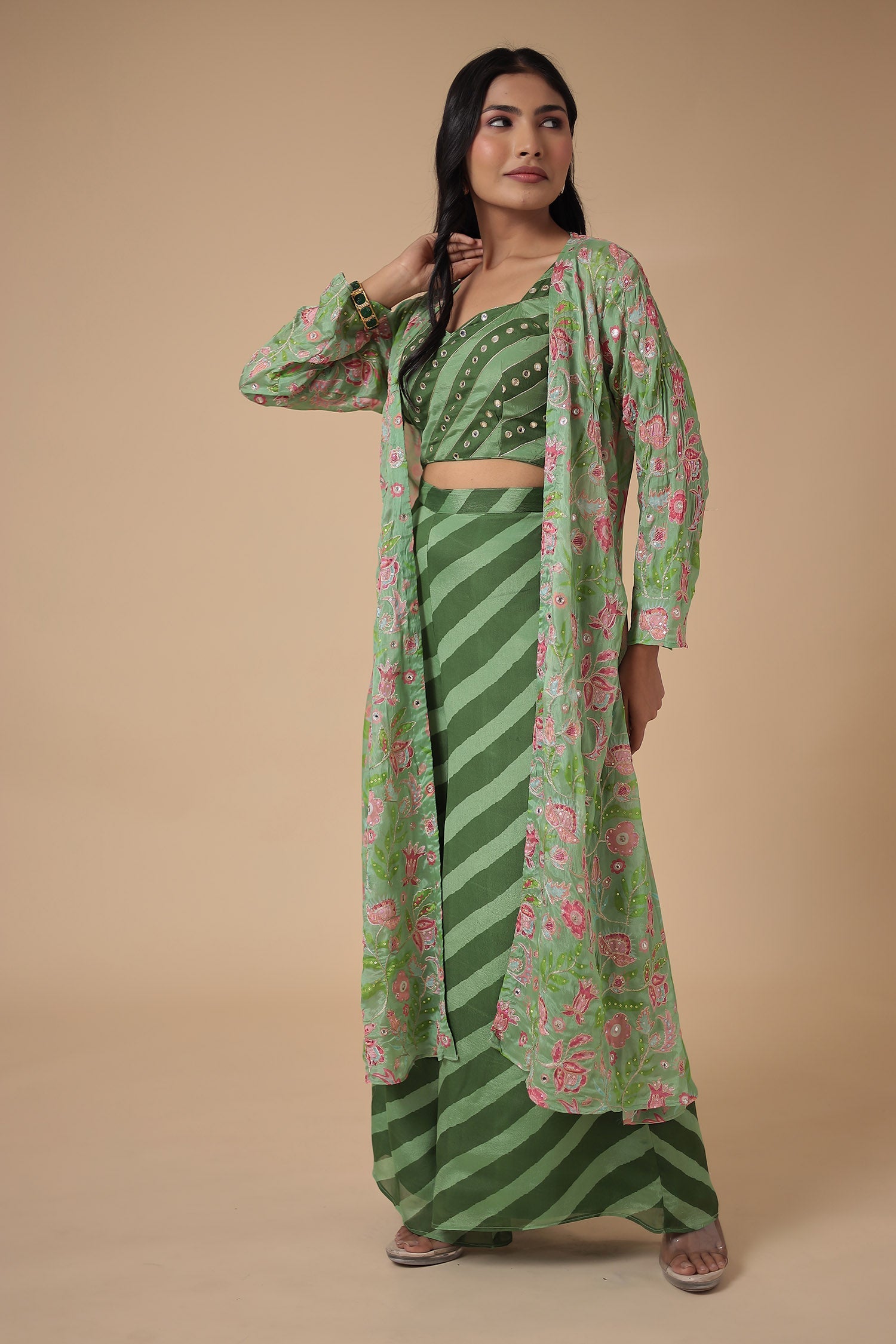 Leheriya Printed Chinon Indowestern with Aari work