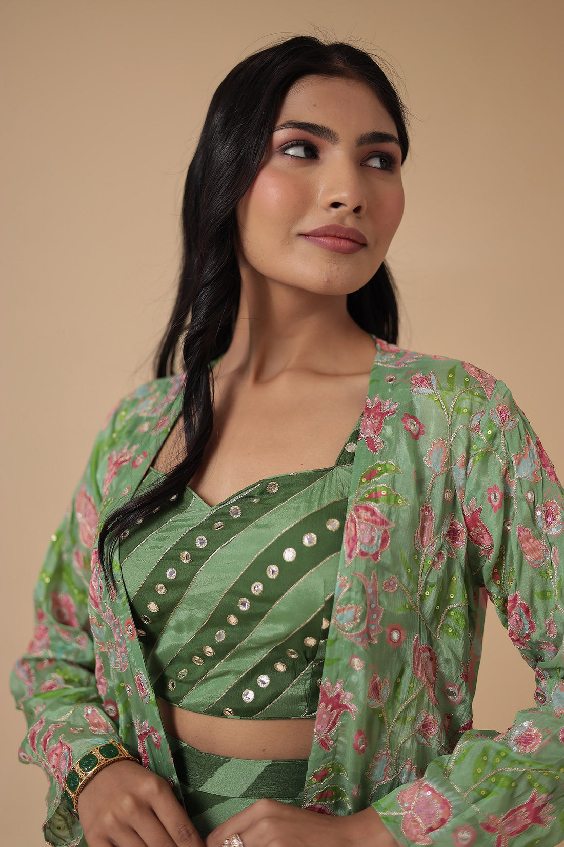 Leheriya Printed Chinon Indowestern with Aari work