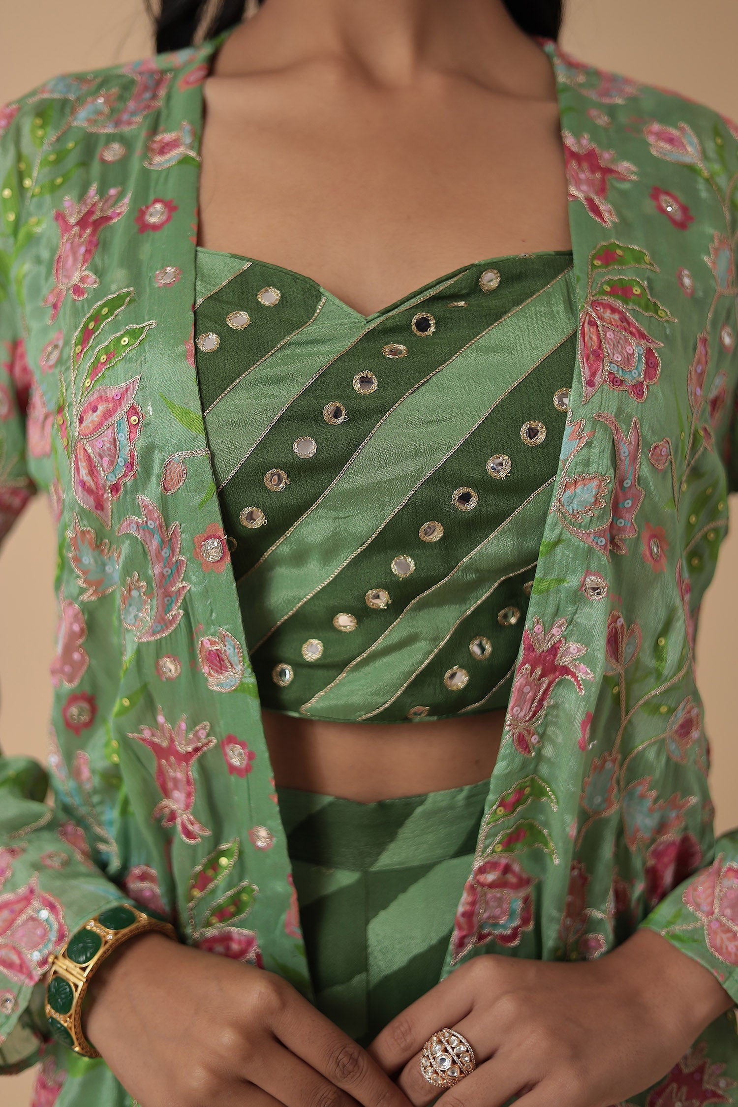 Leheriya Printed Chinon Indowestern with Aari work