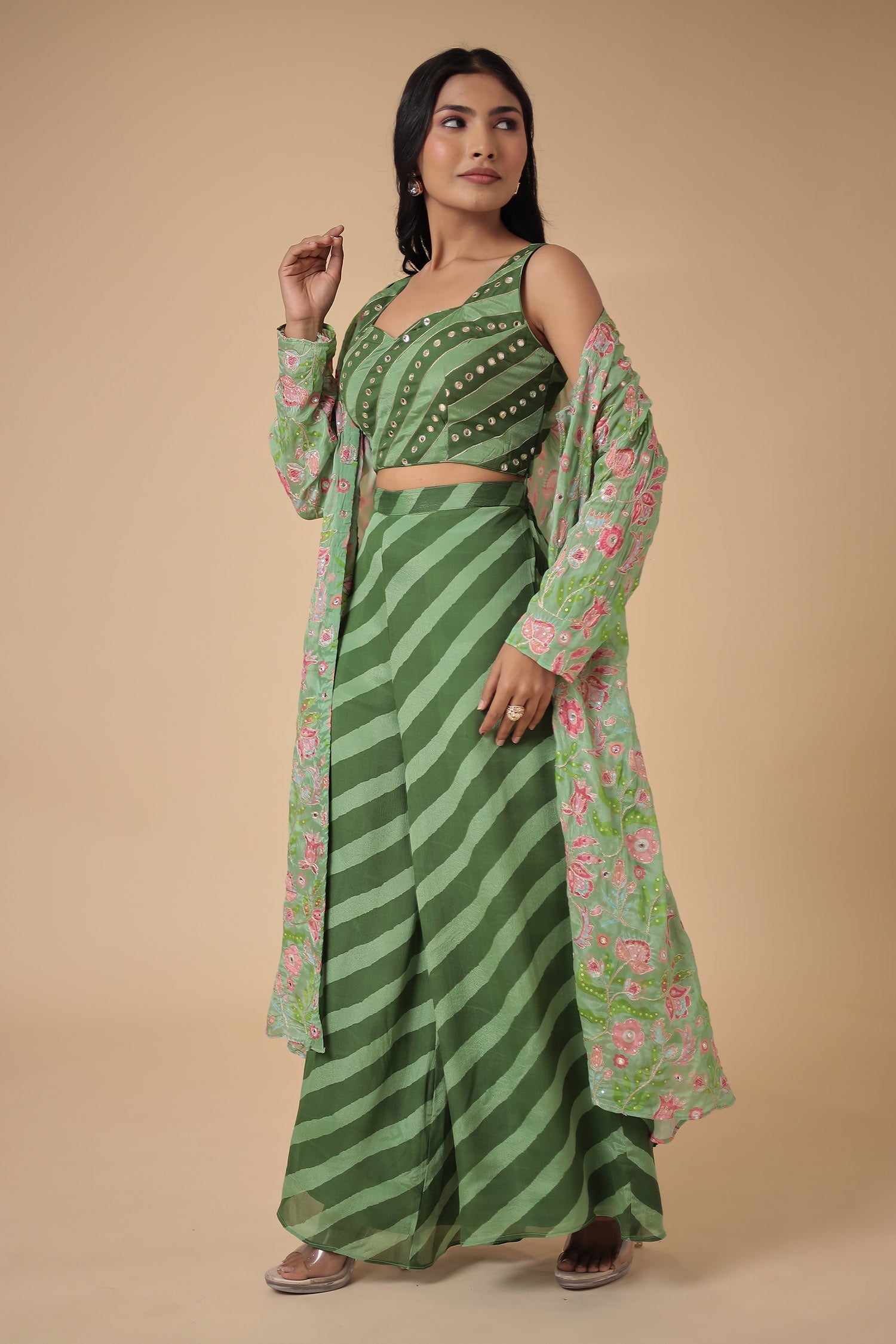 Leheriya Printed Chinon Indowestern with Aari work