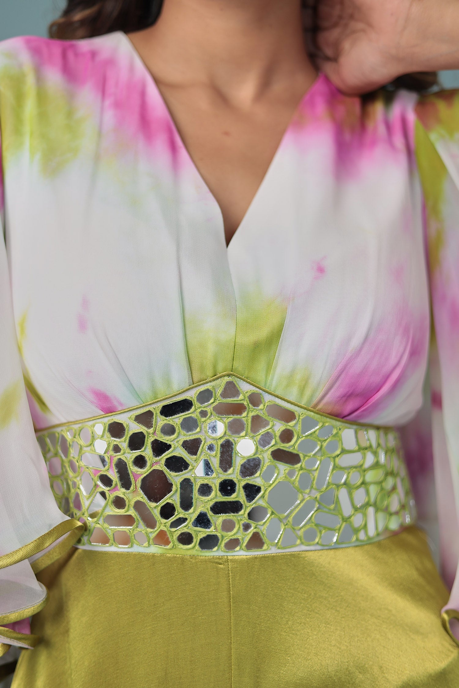 Printed Satin Silk Jump Suit with Mirror work