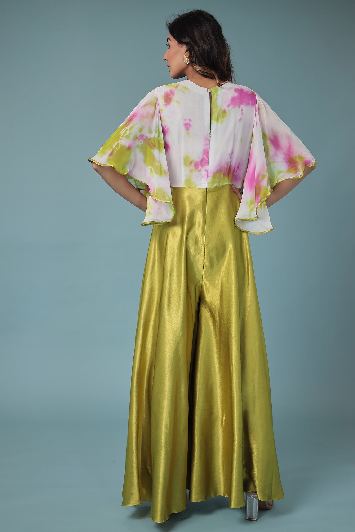 Printed Satin Silk Jump Suit with Mirror work