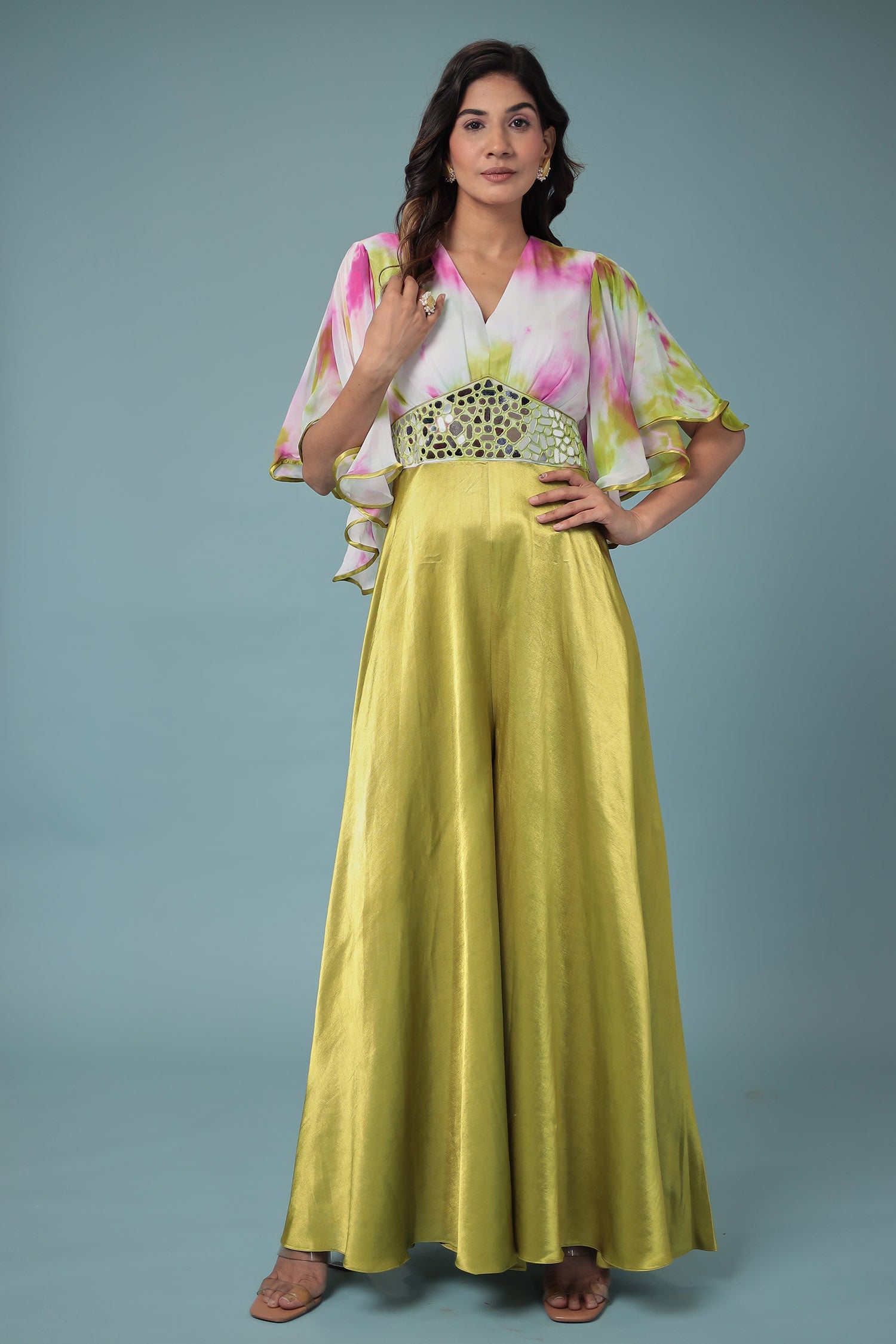 Printed Satin Silk Jump Suit with Mirror work