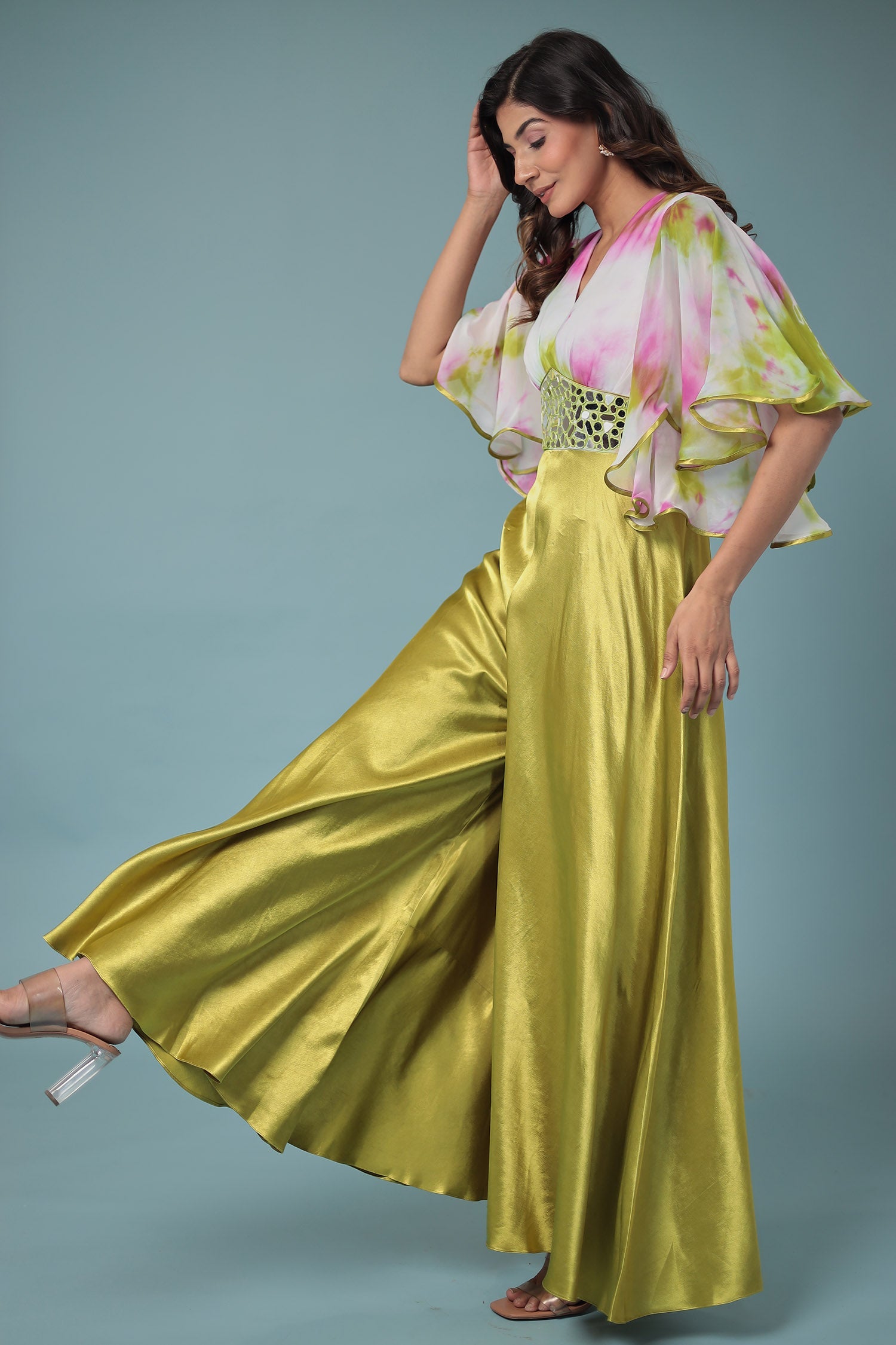 Printed Satin Silk Jump Suit with Mirror work