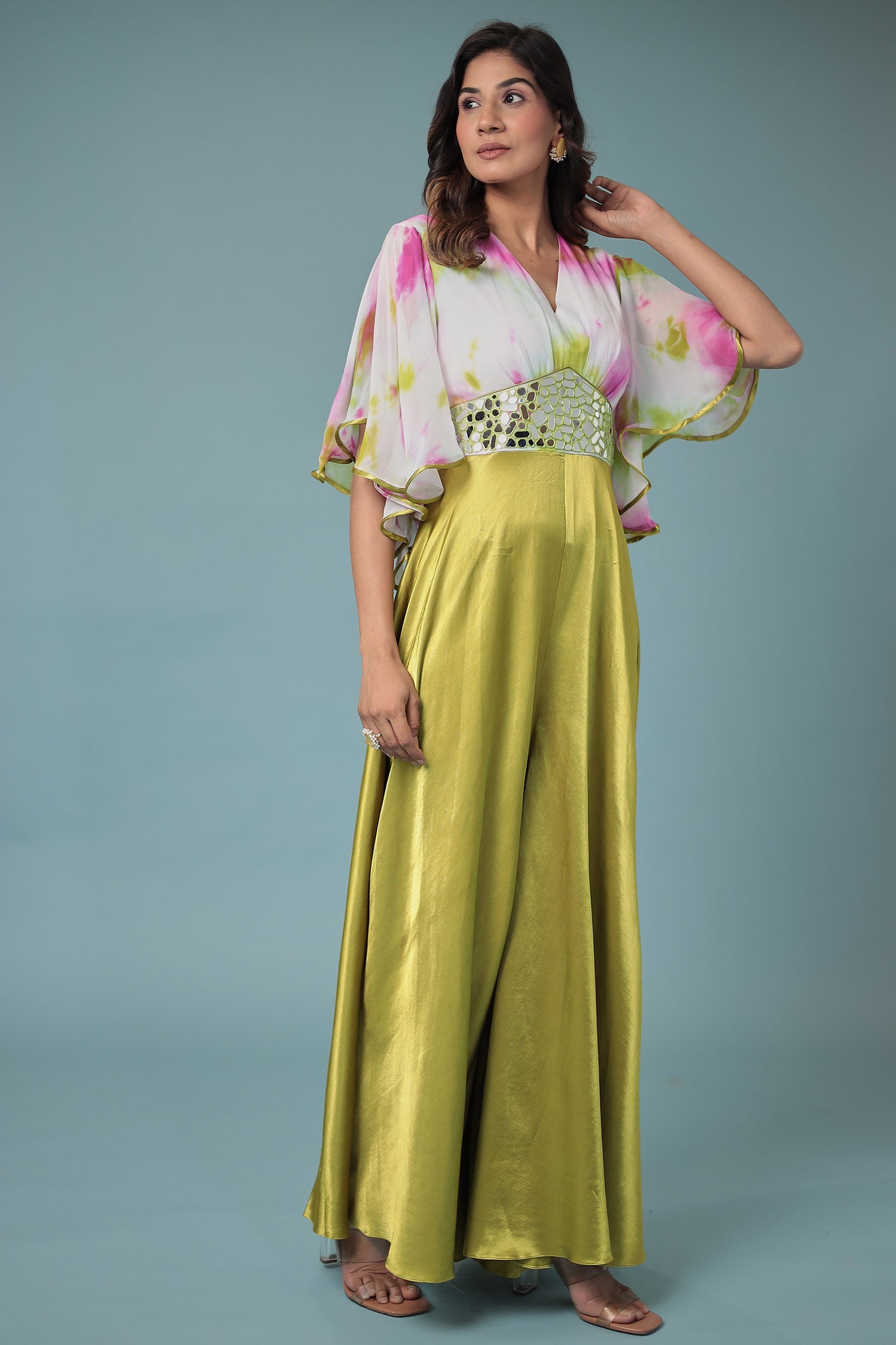 Printed Satin Silk Jump Suit with Mirror work