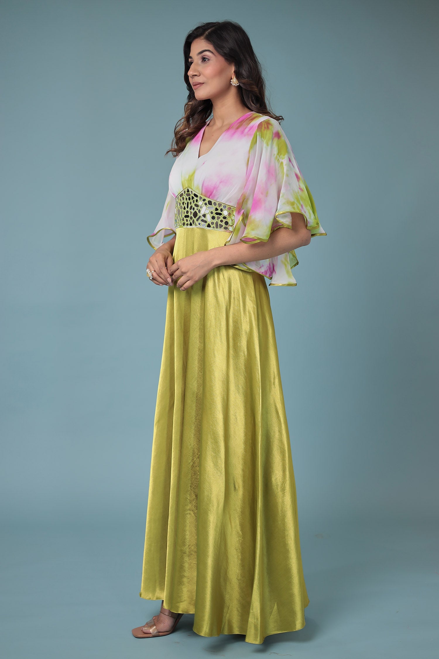 Printed Satin Silk Jump Suit with Mirror work