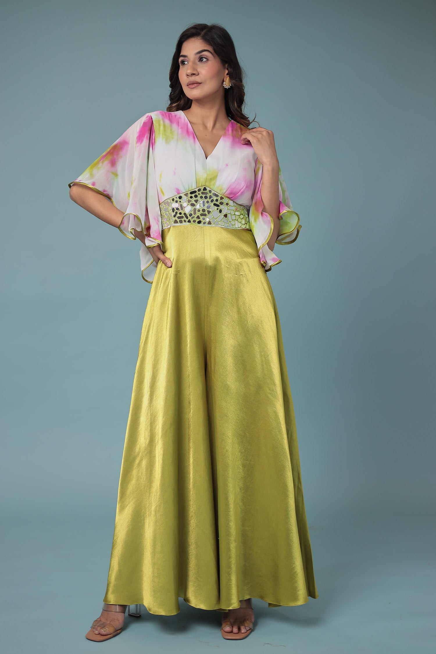 Printed Satin Silk Jump Suit with Mirror work