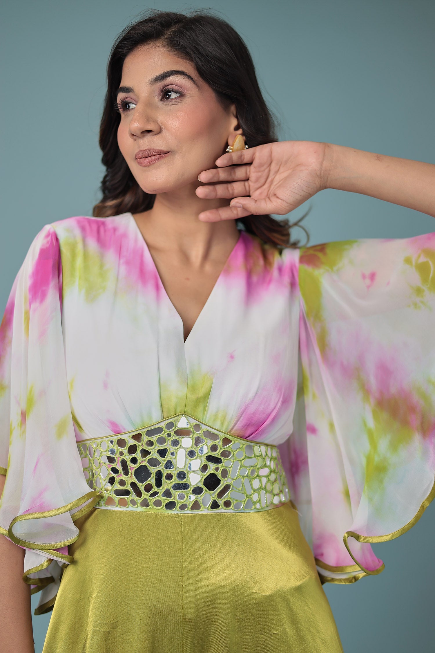 Printed Satin Silk Jump Suit with Mirror work