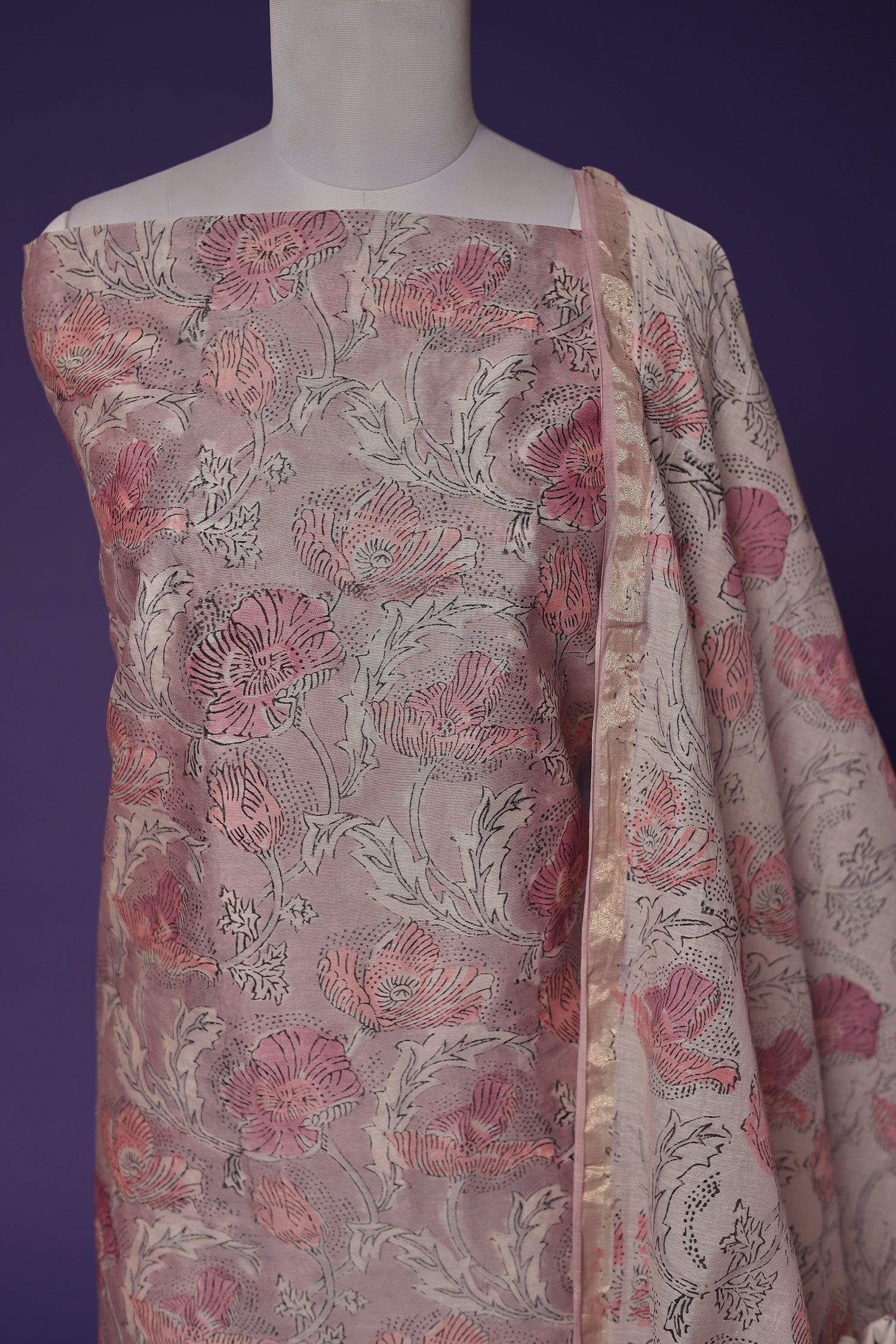 Printed Chanderi Unstitched Suit with Zari Border