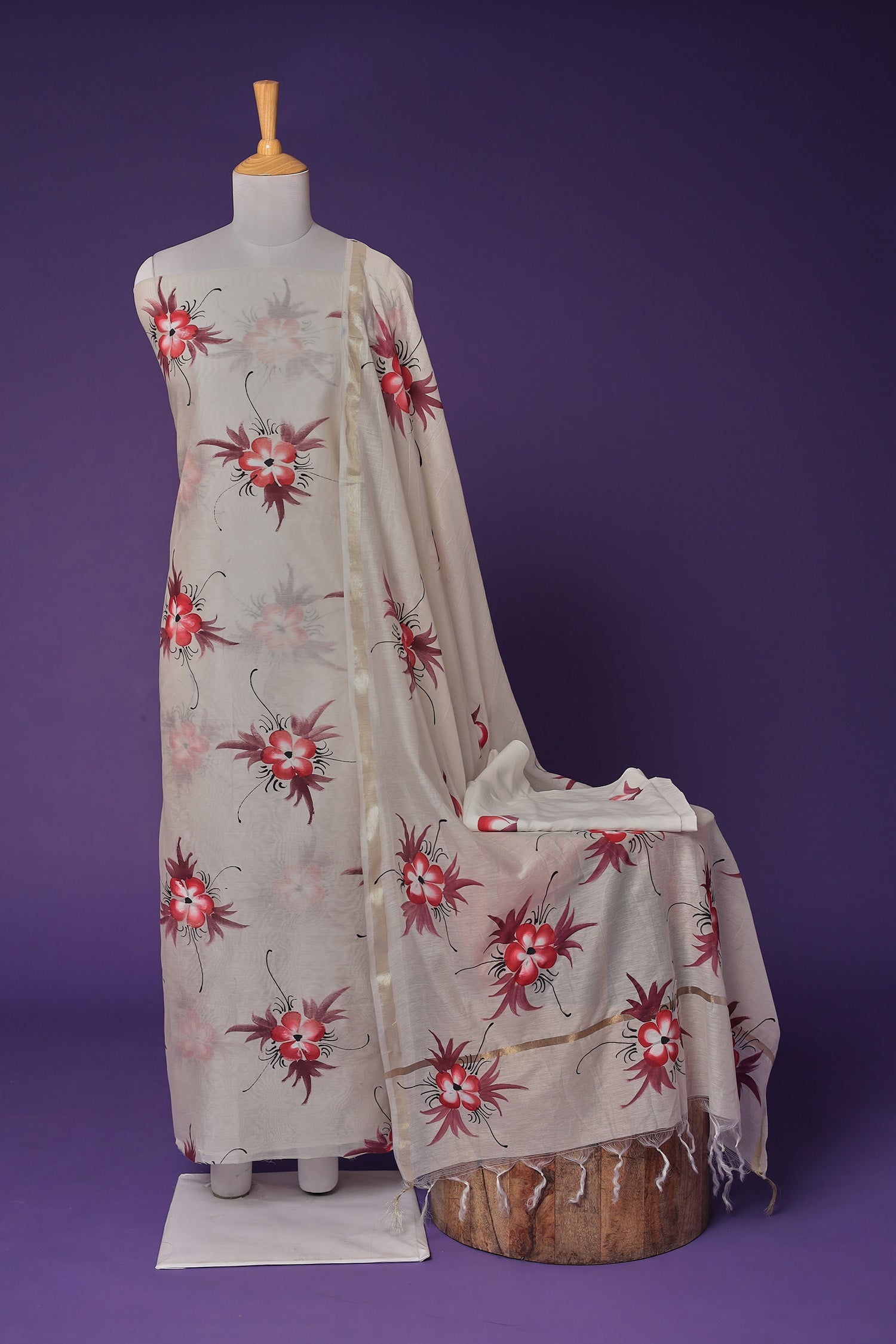 Hand Painted Chanderi Unstitched Suit with Zari Border