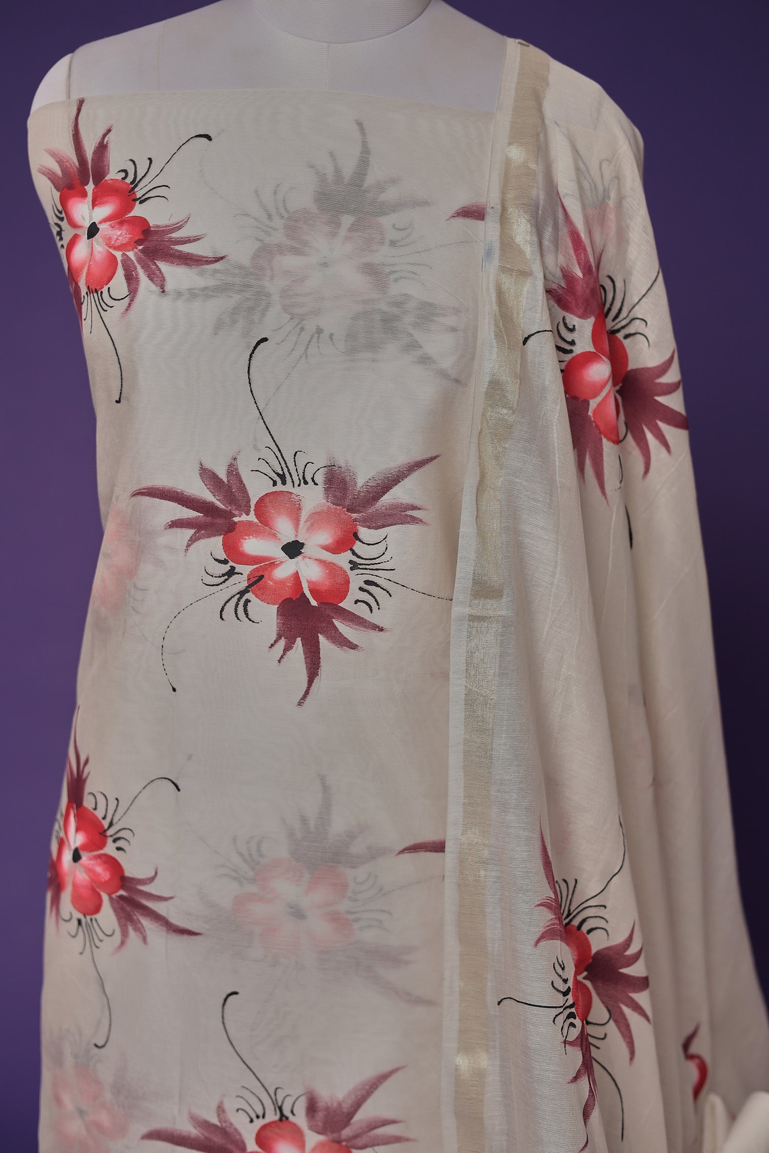 Hand Painted Chanderi Unstitched Suit with Zari Border