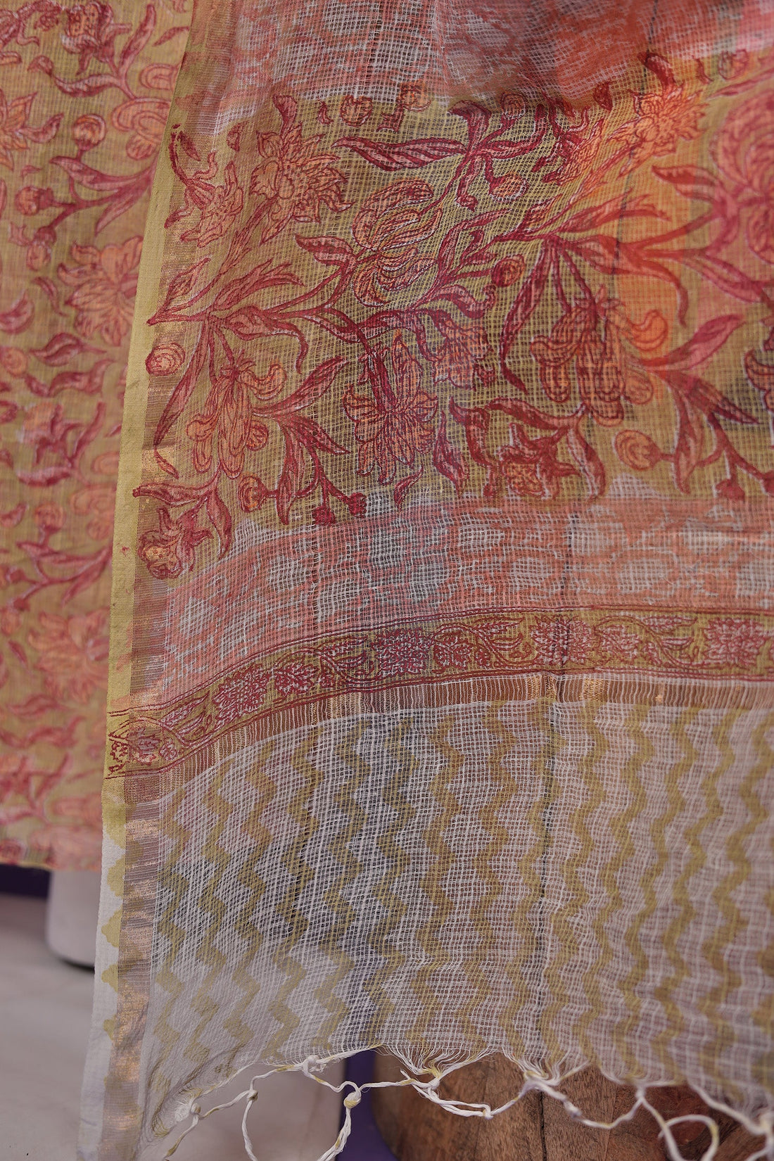 Printed Kota Doria Unstitched Suit with work.