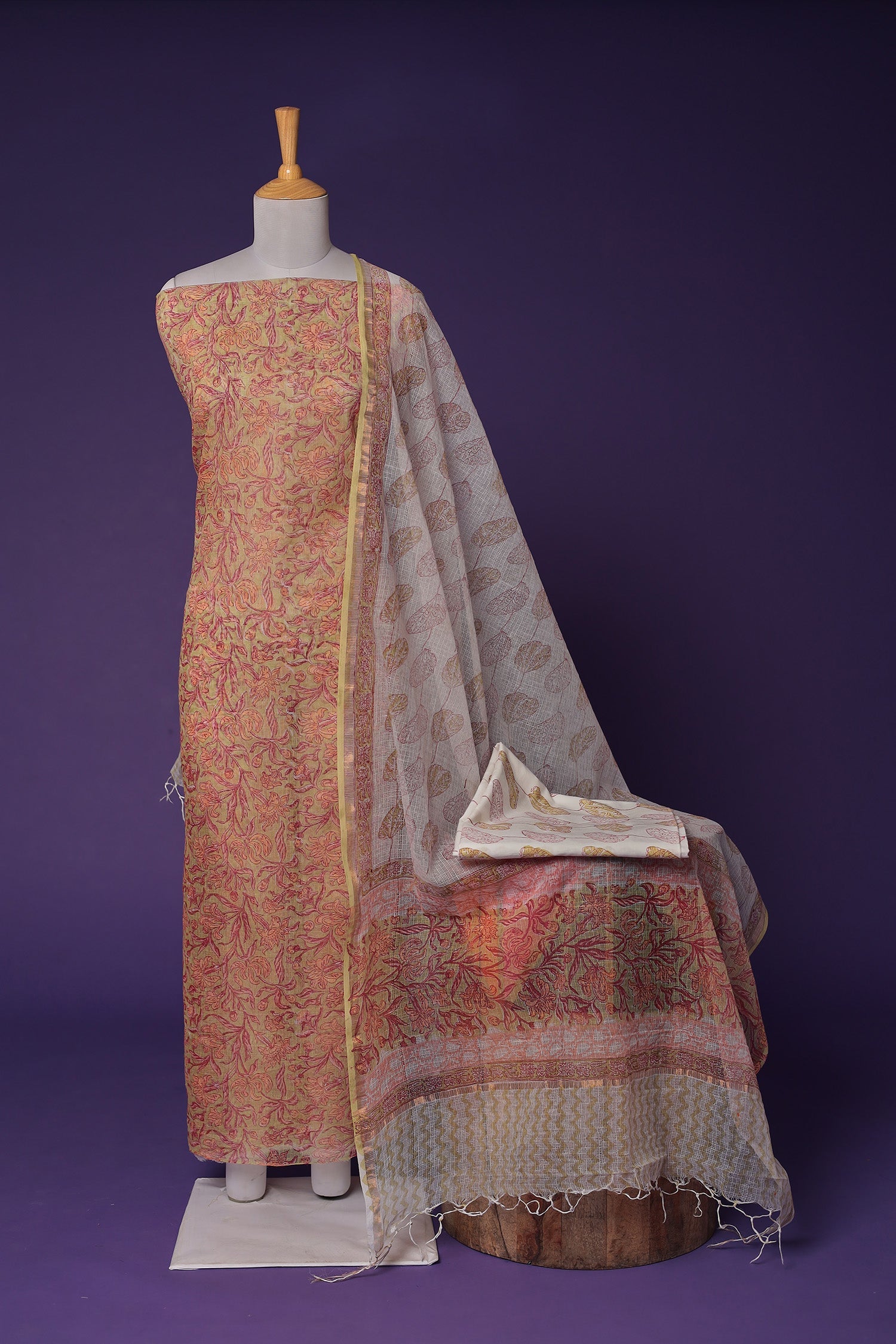 Printed Kota Doria Unstitched Suit with work.