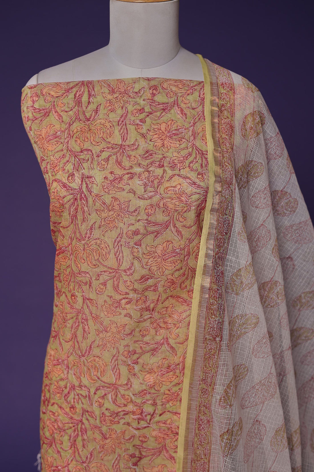 Printed Kota Doria Unstitched Suit with work.