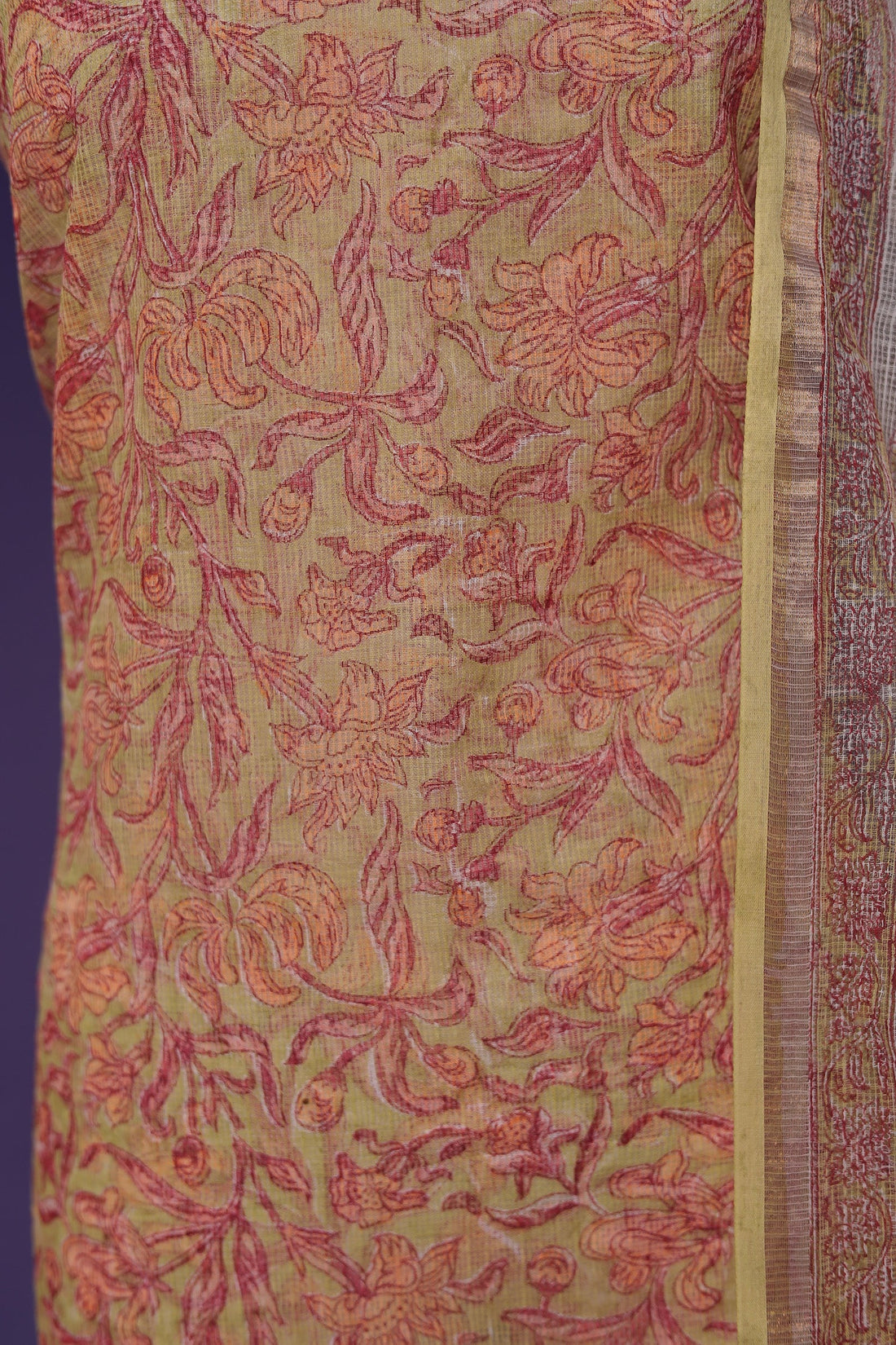 Printed Kota Doria Unstitched Suit with work.