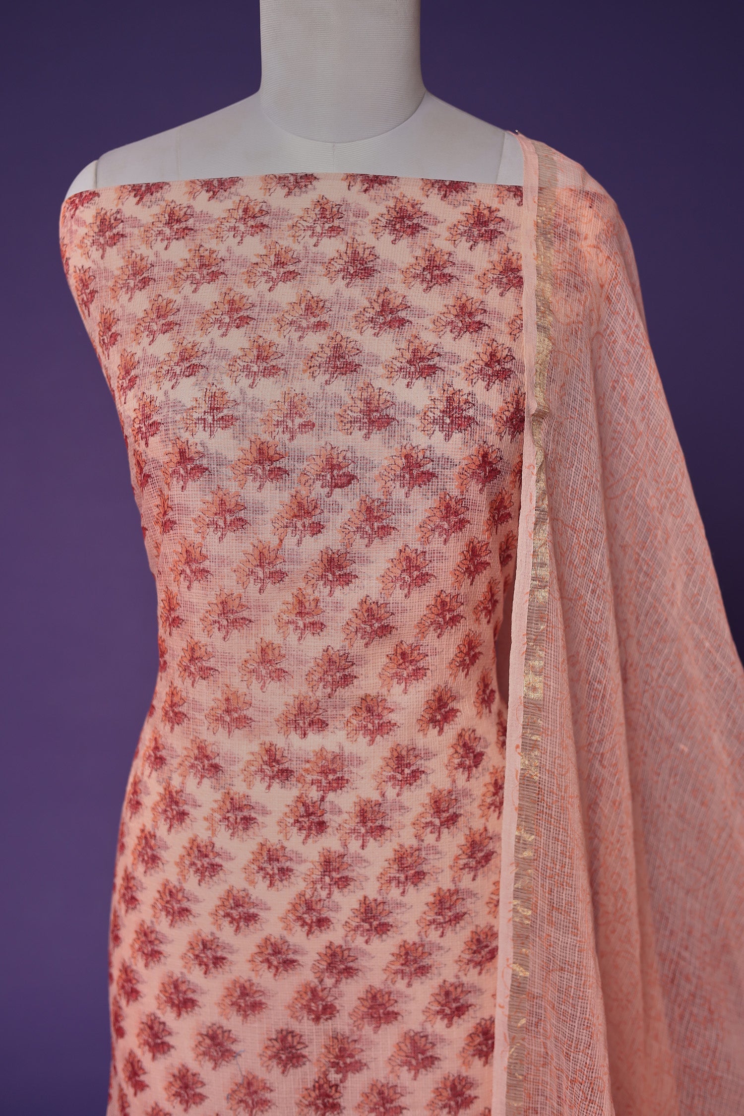 Printed Kota Doria Unstitched Suit
